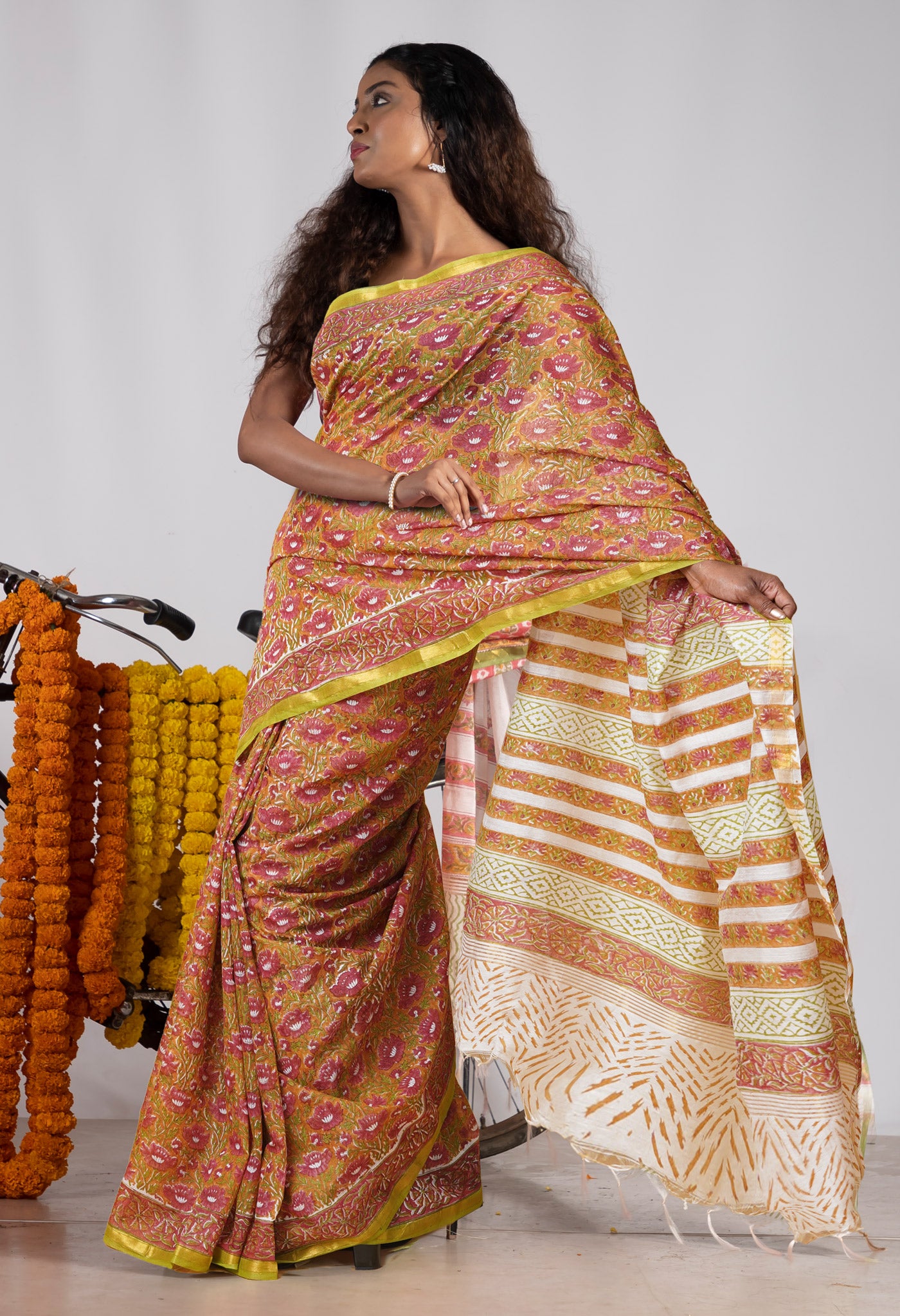 Brown Pure Pashmina Block Printed Chanderi Soft Silk Saree