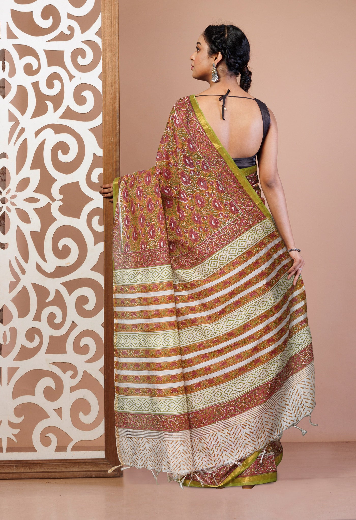 Brown Pure Pashmina Block Printed Chanderi Soft Silk Saree-UNM79108