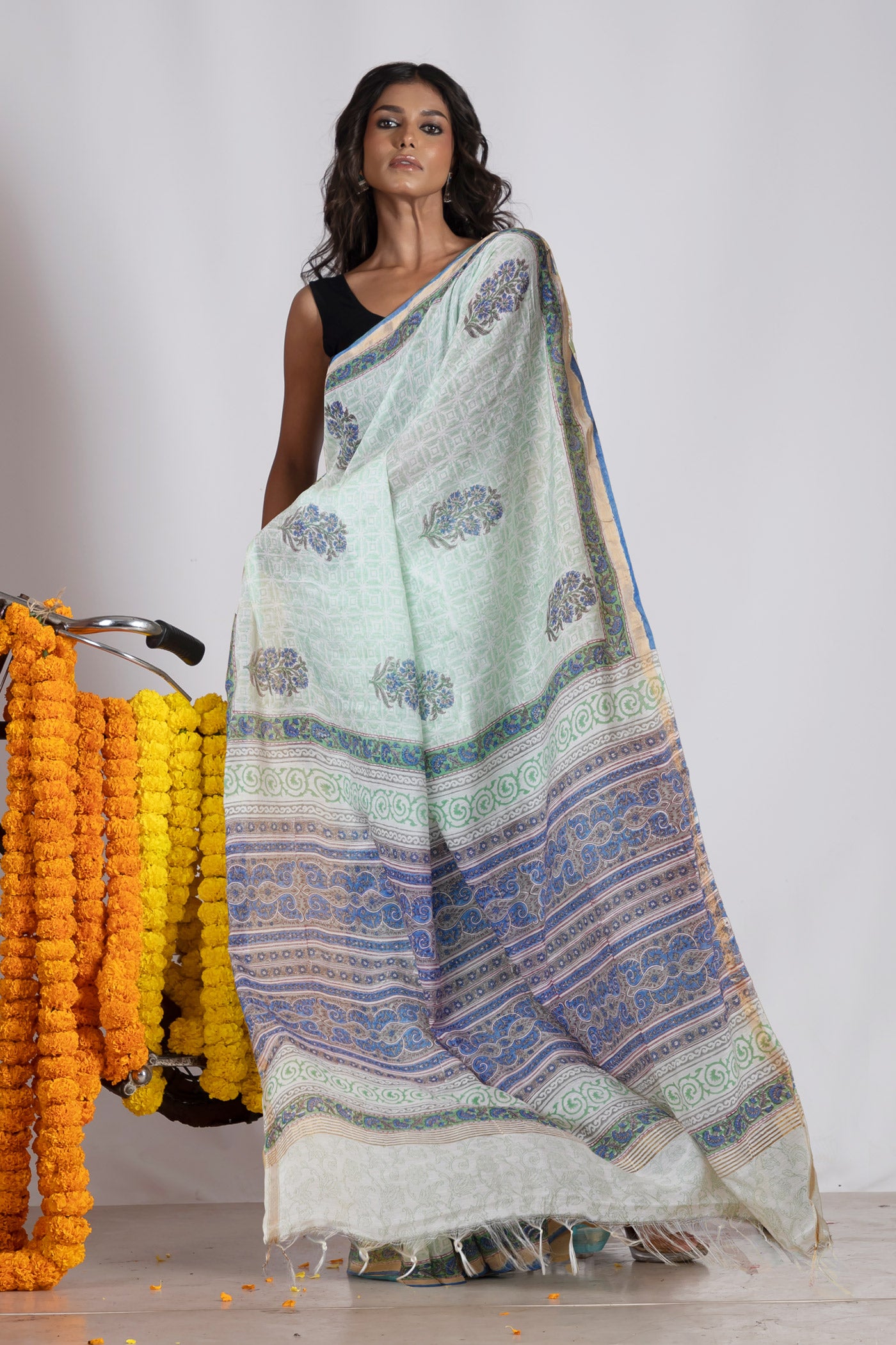 White-Green Pure Pashmina Block Printed Chanderi Soft Silk Saree