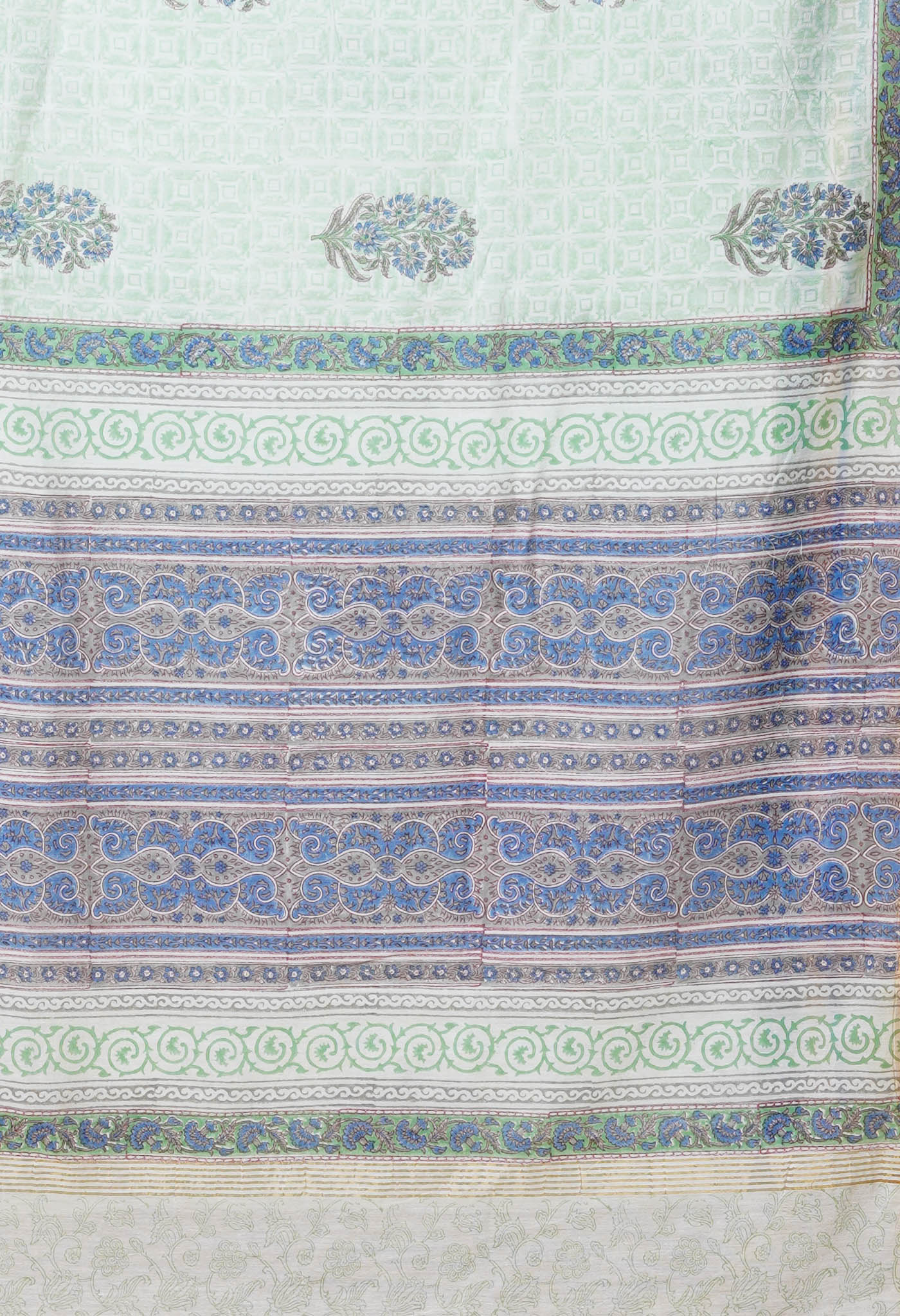 White-Green Pure Pashmina Block Printed Chanderi Soft Silk Saree-UNM79109