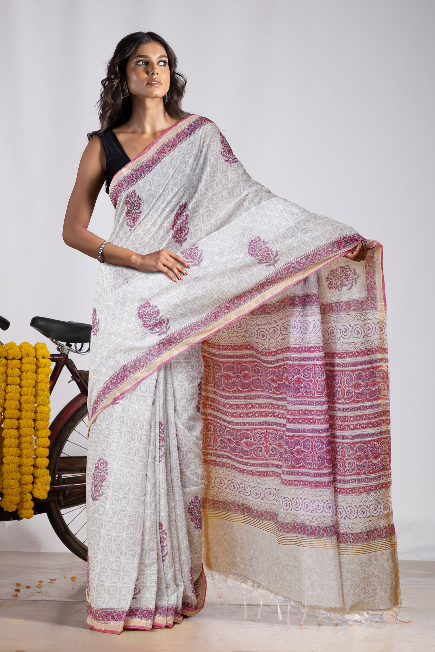 White-Grey Pure Pashmina Block Printed Chanderi Soft Silk Saree