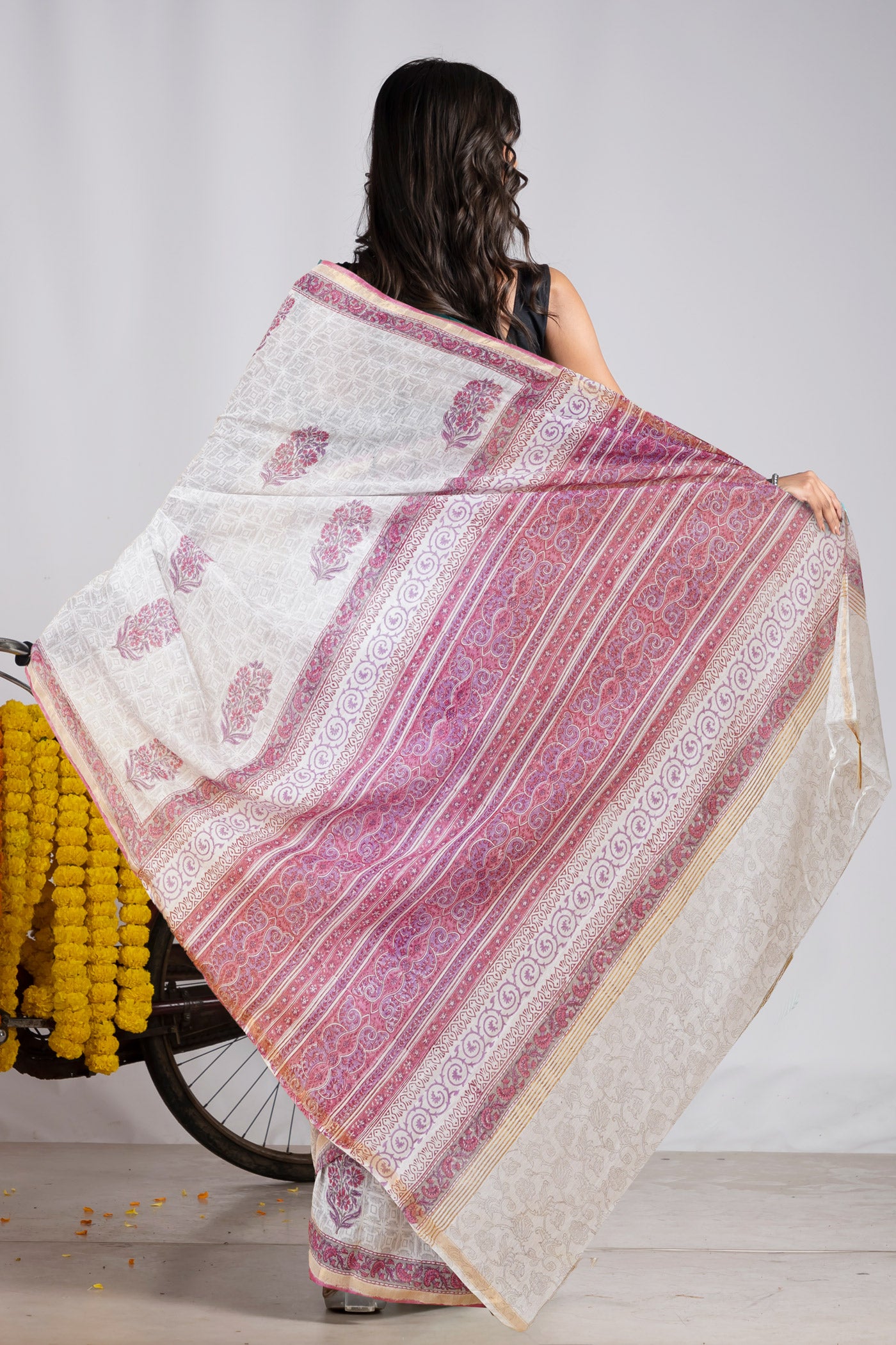 White-Grey Pure Pashmina Block Printed Chanderi Soft Silk Saree