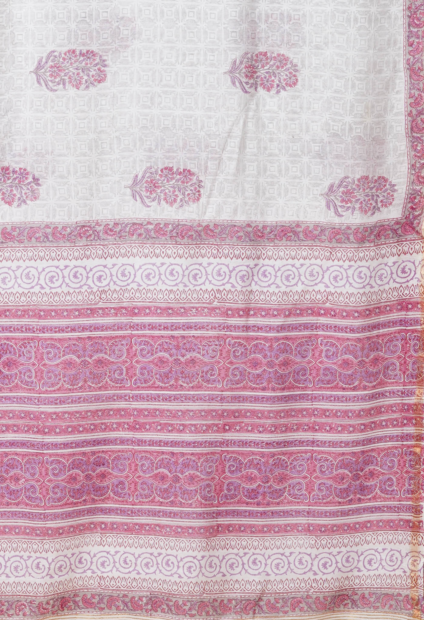 White-Grey Pure Pashmina Block Printed Chanderi Soft Silk Saree-UNM79110