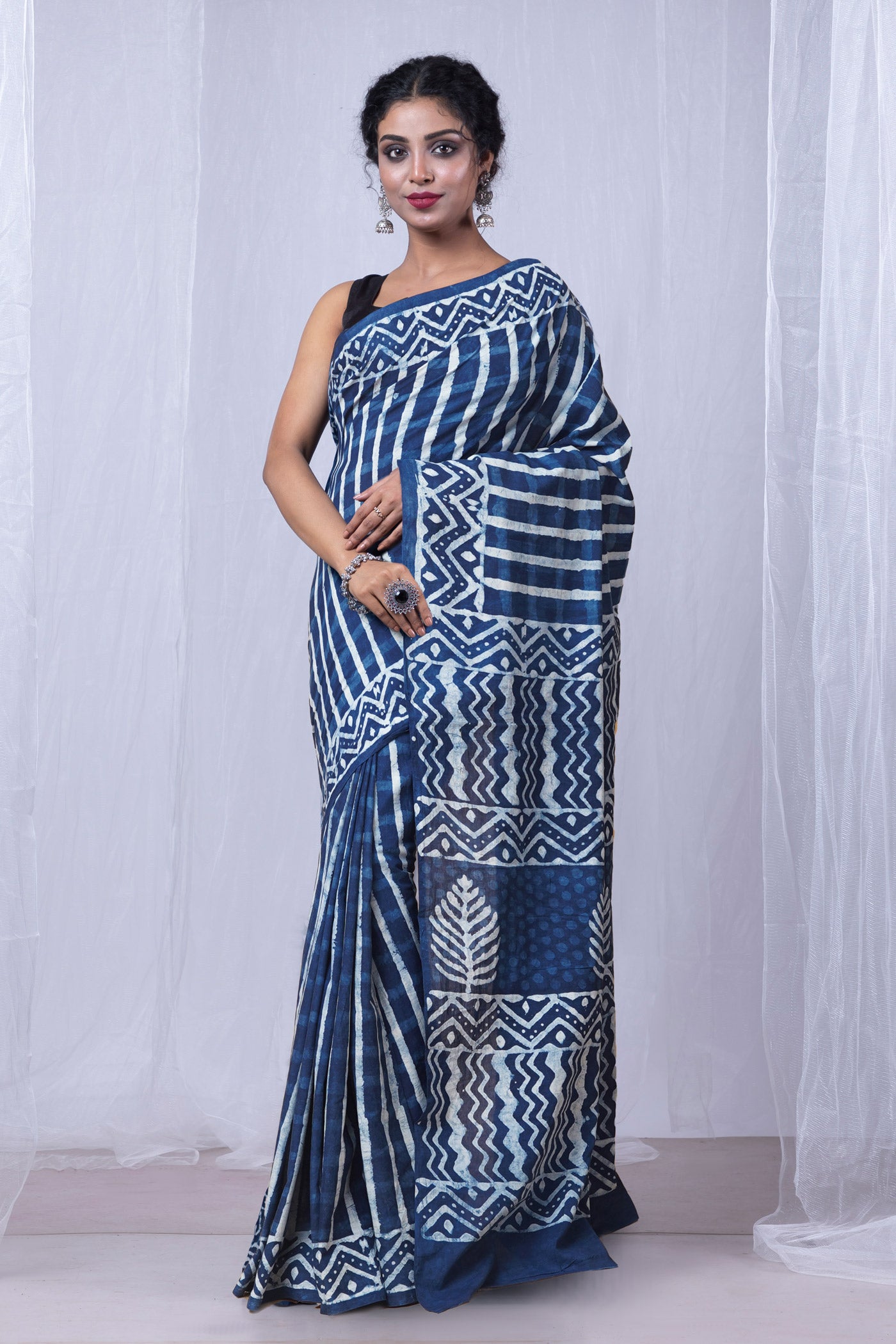 Blue Pure Dabu Printed Mulmul Cotton Saree-UNM79133