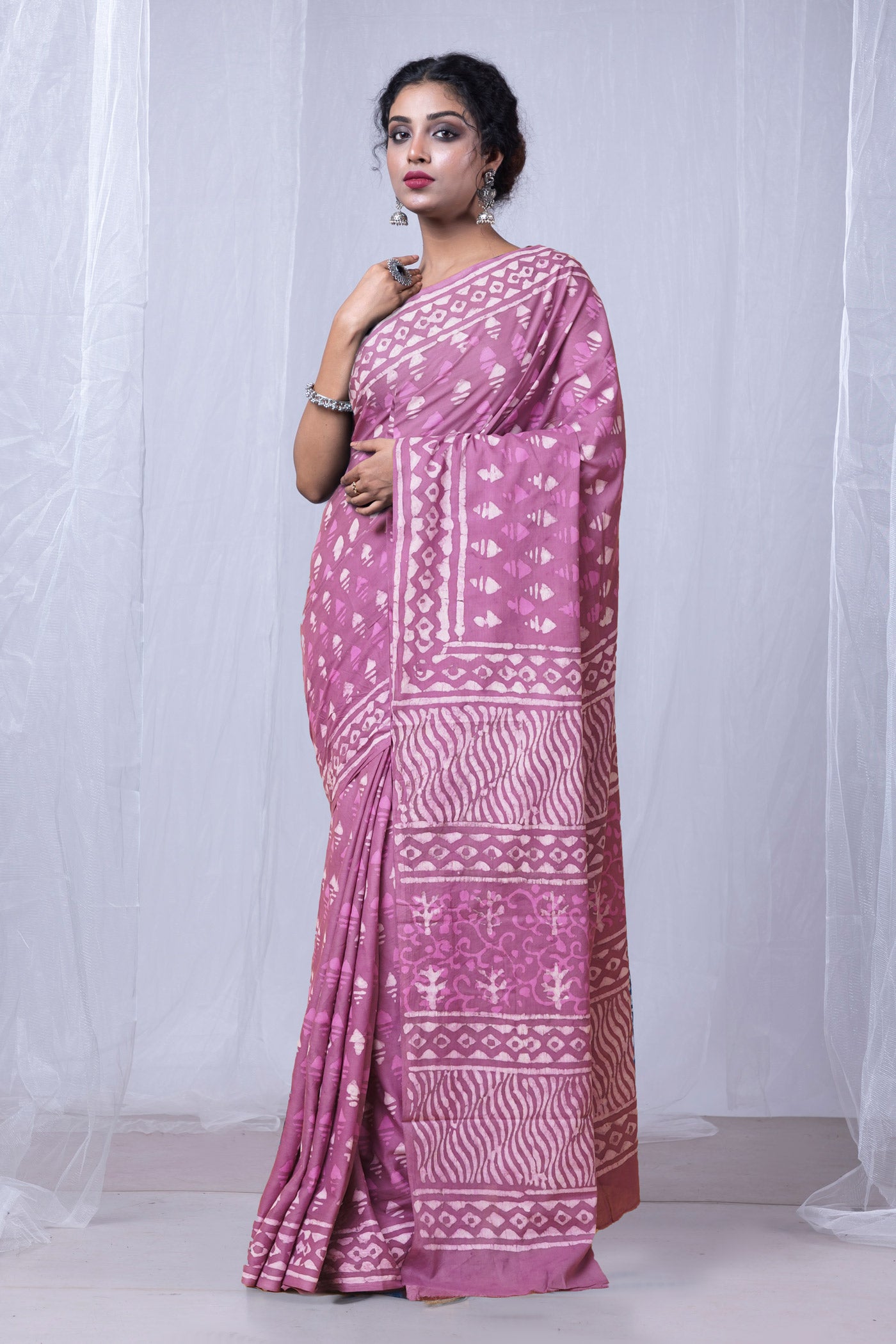 Pink Pure Dabu Printed Mulmul Cotton Saree