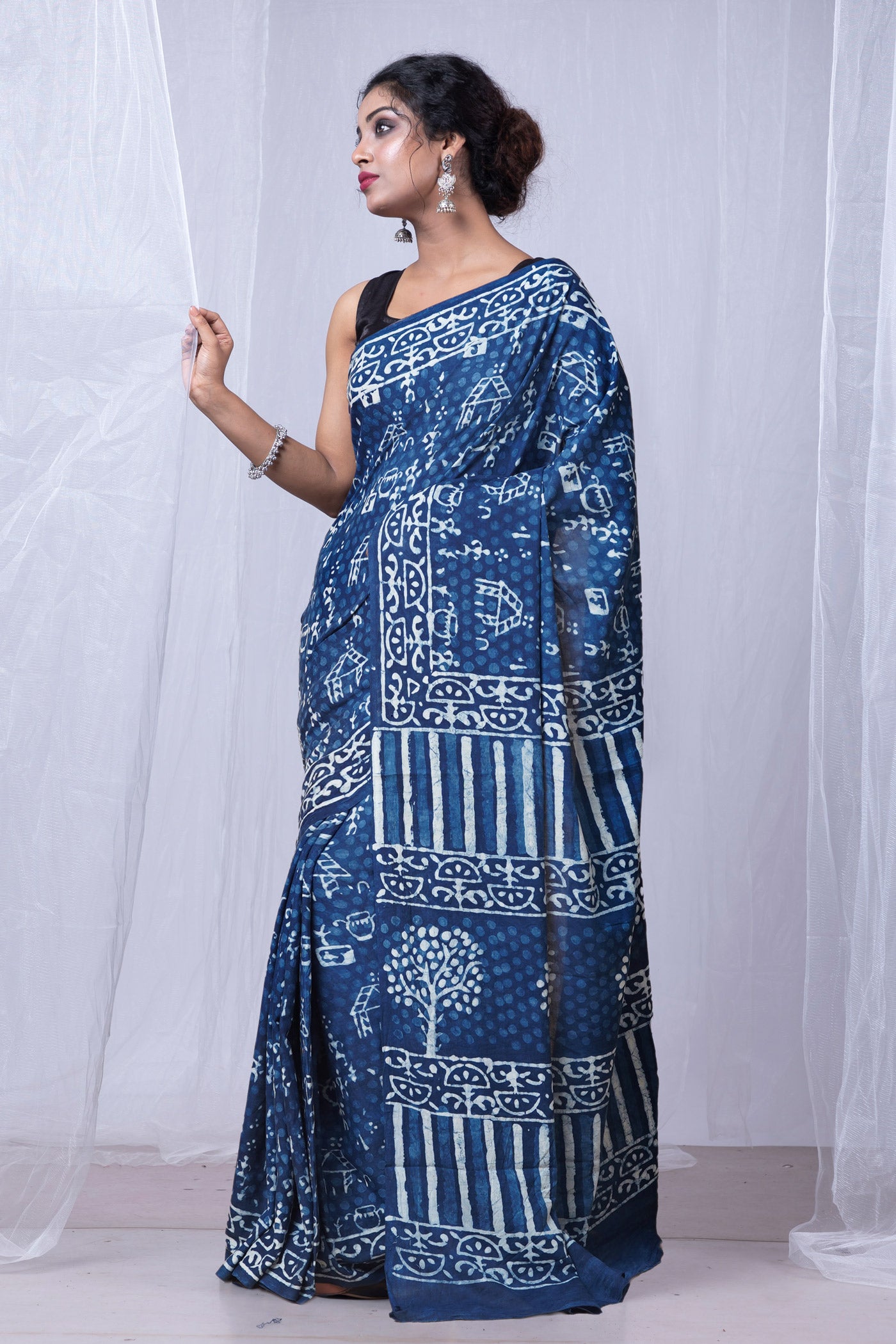 Blue Pure Dabu Printed Mulmul Cotton Saree-UNM79138