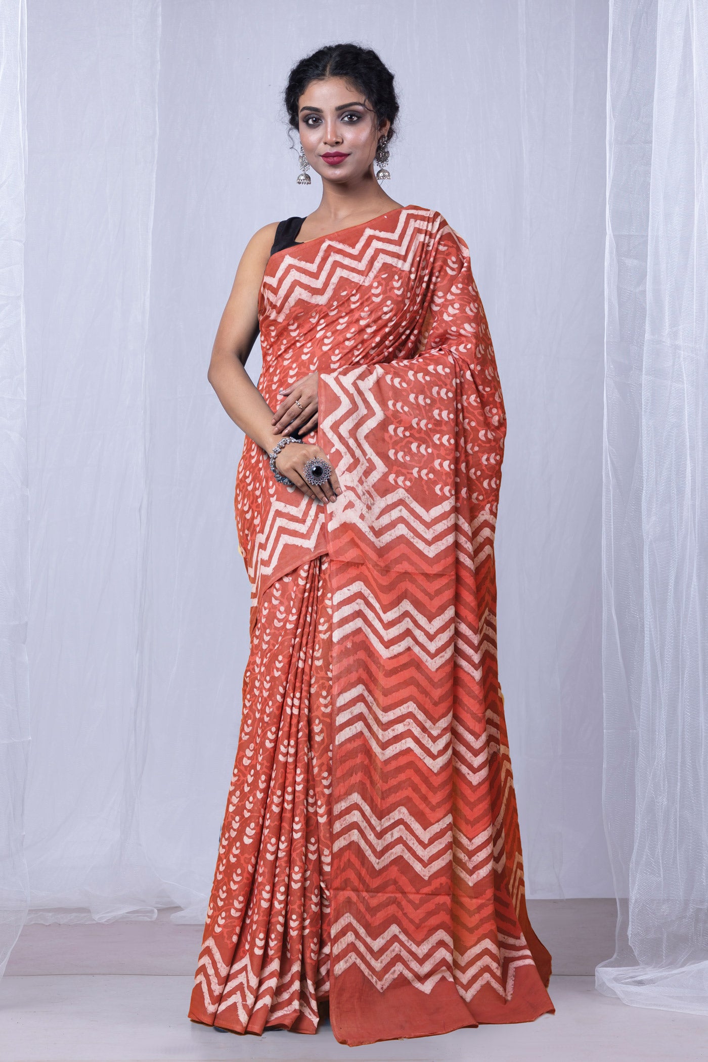 Red Pure Dabu Printed Mulmul Cotton Saree