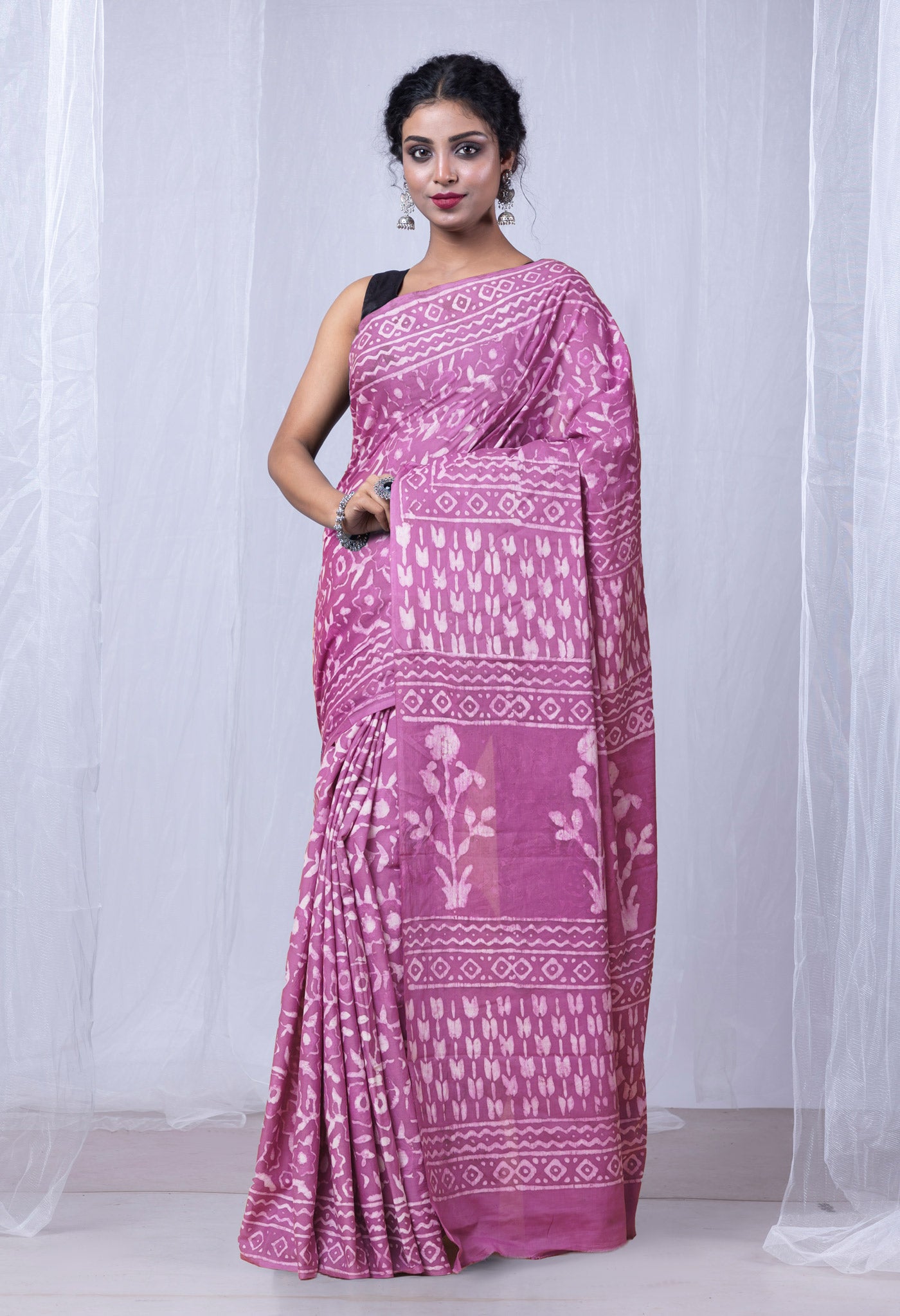 Pink Pure Dabu Printed Mulmul Cotton Saree