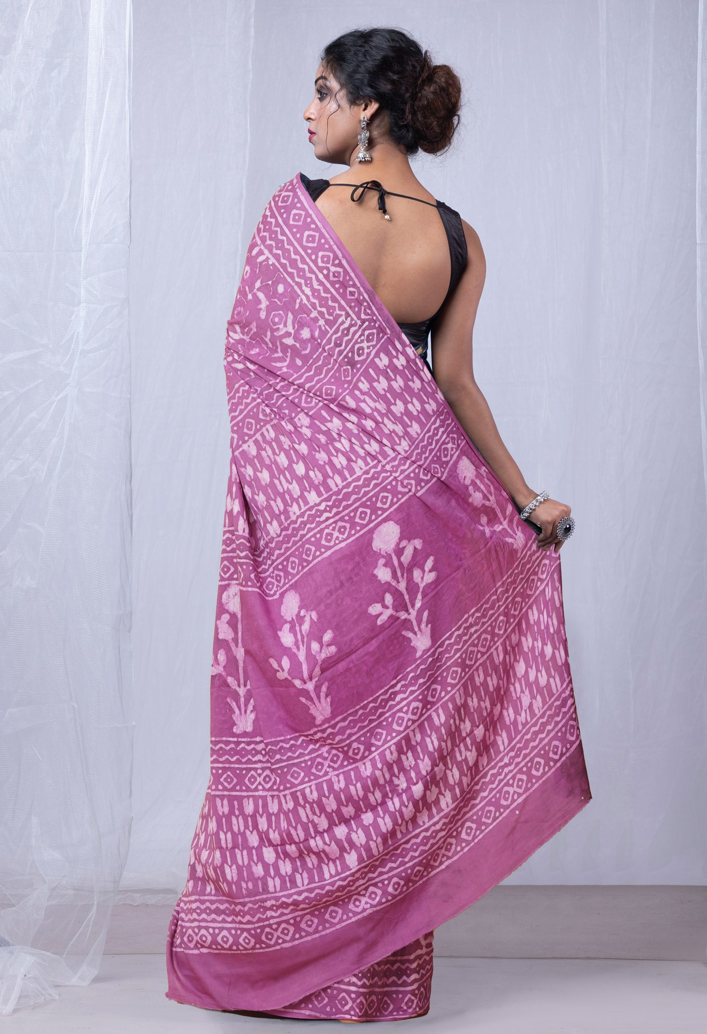 Pink Pure Dabu Printed Mulmul Cotton Saree