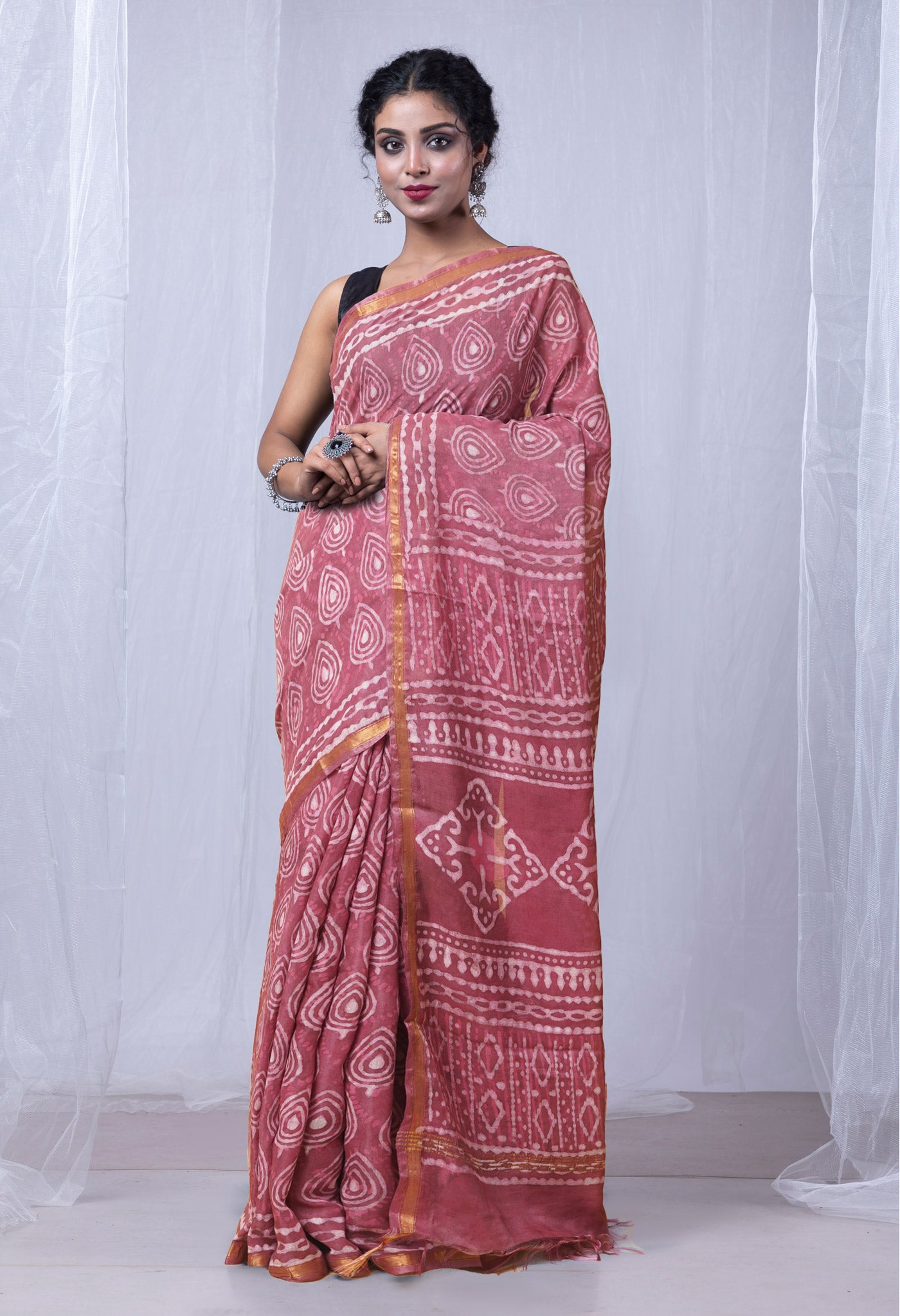 Pink Pure Pashmina Dabu Printed Chanderi Sico Saree-UNM79142