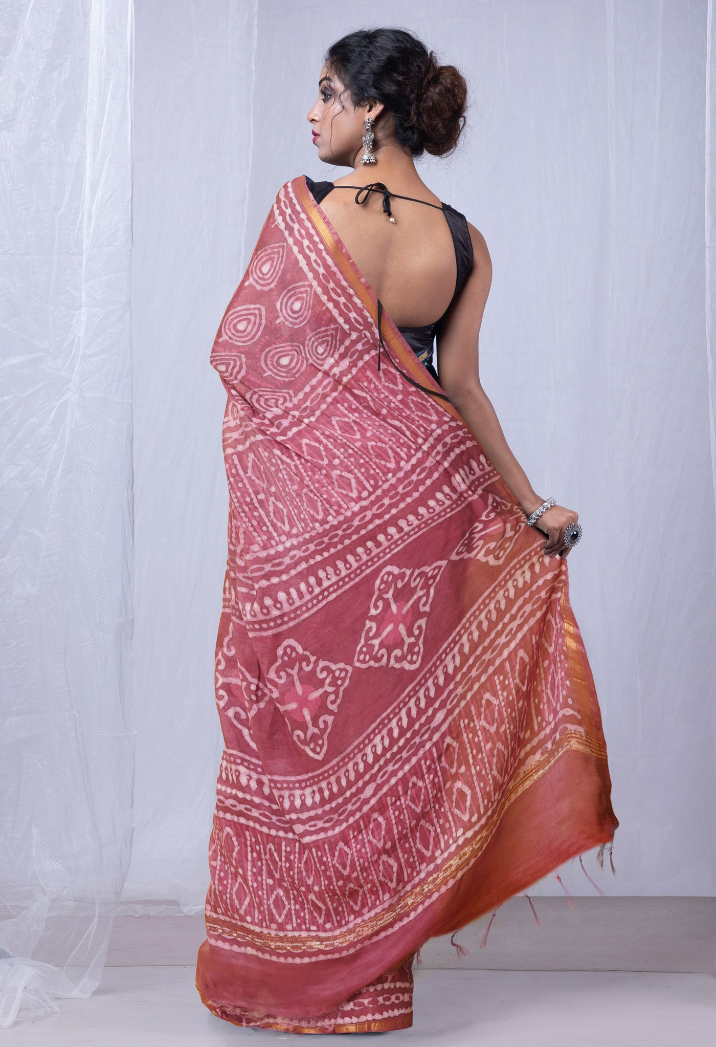 Pink Pure Pashmina Dabu Printed Chanderi Sico Saree