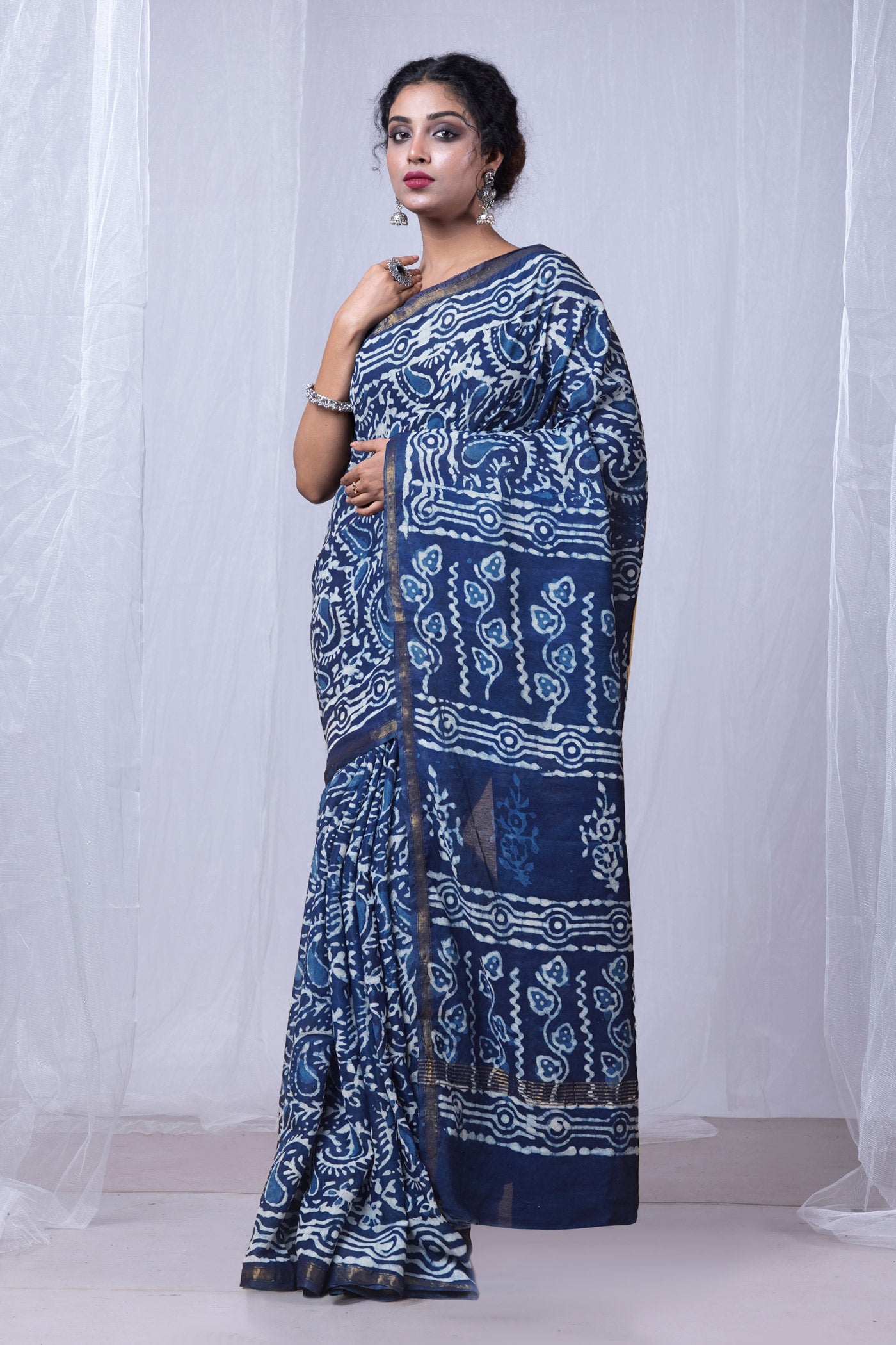 Blue Pure Pashmina Dabu Printed Chanderi Sico Saree-UNM79143