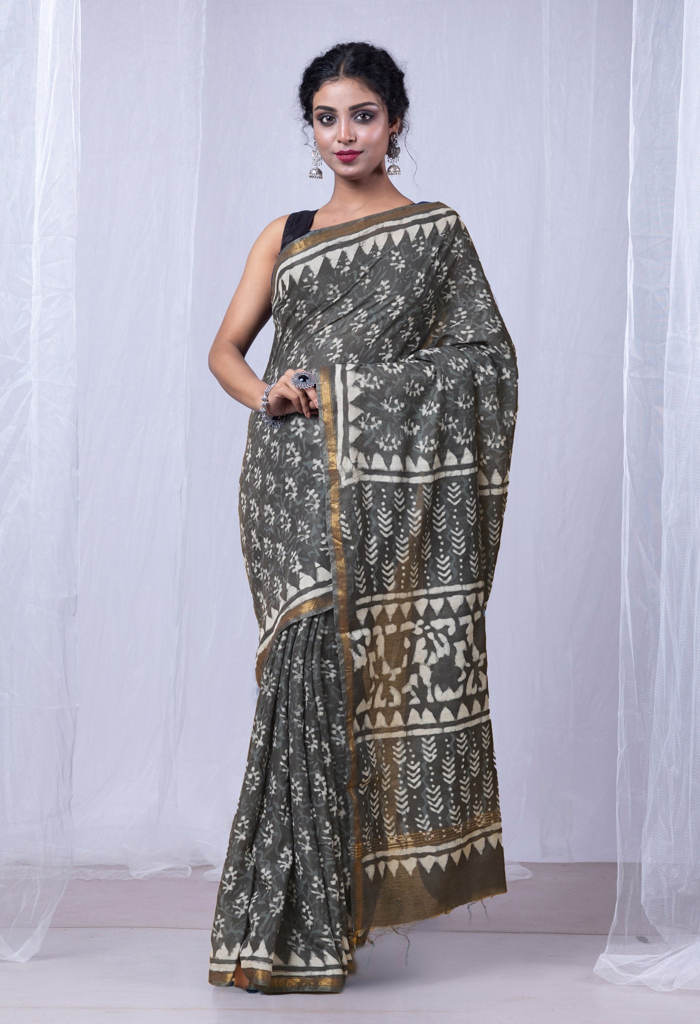 Green Pure Pashmina Dabu Printed Chanderi Sico Saree-UNM79145