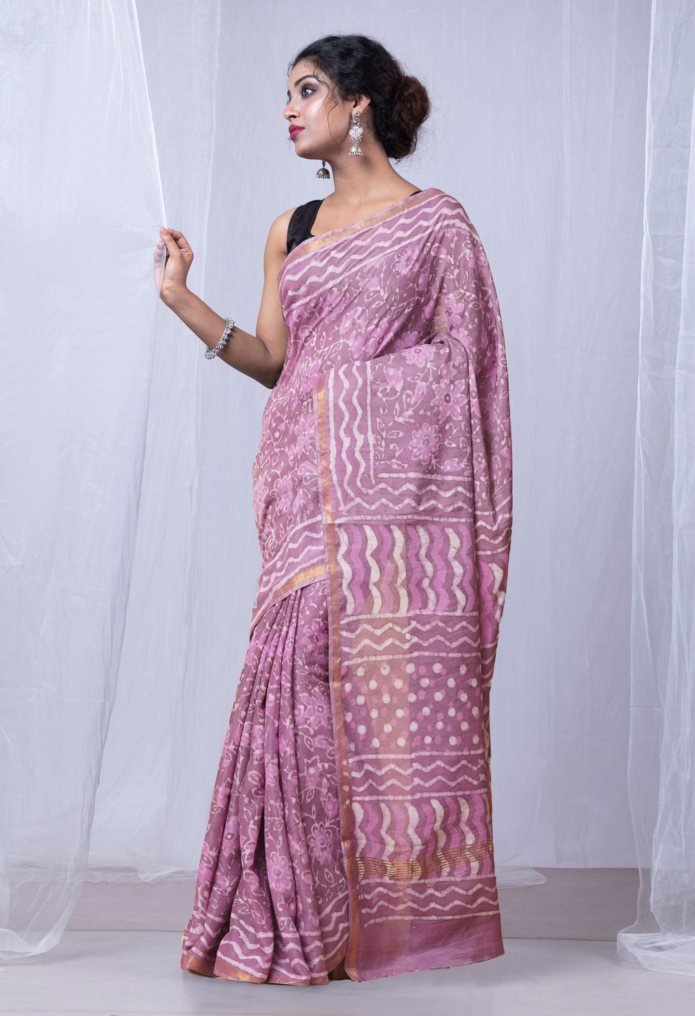 Pink Pure Pashmina Dabu Printed Chanderi Sico Saree