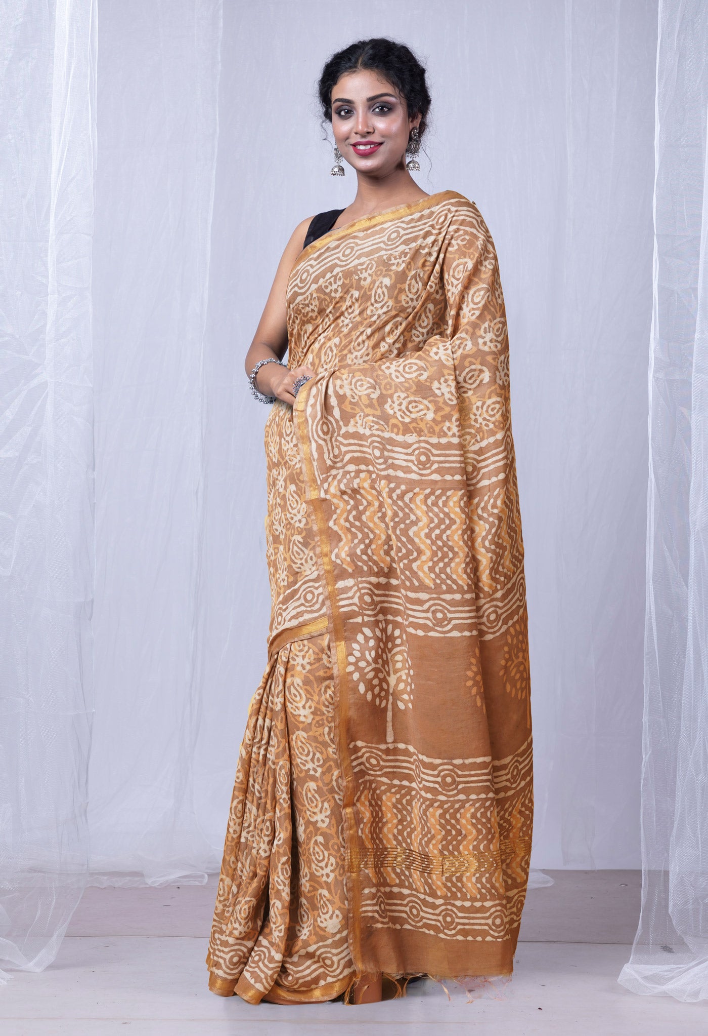 Brown Pure Pashmina Dabu Printed Chanderi Sico Saree-UNM79147