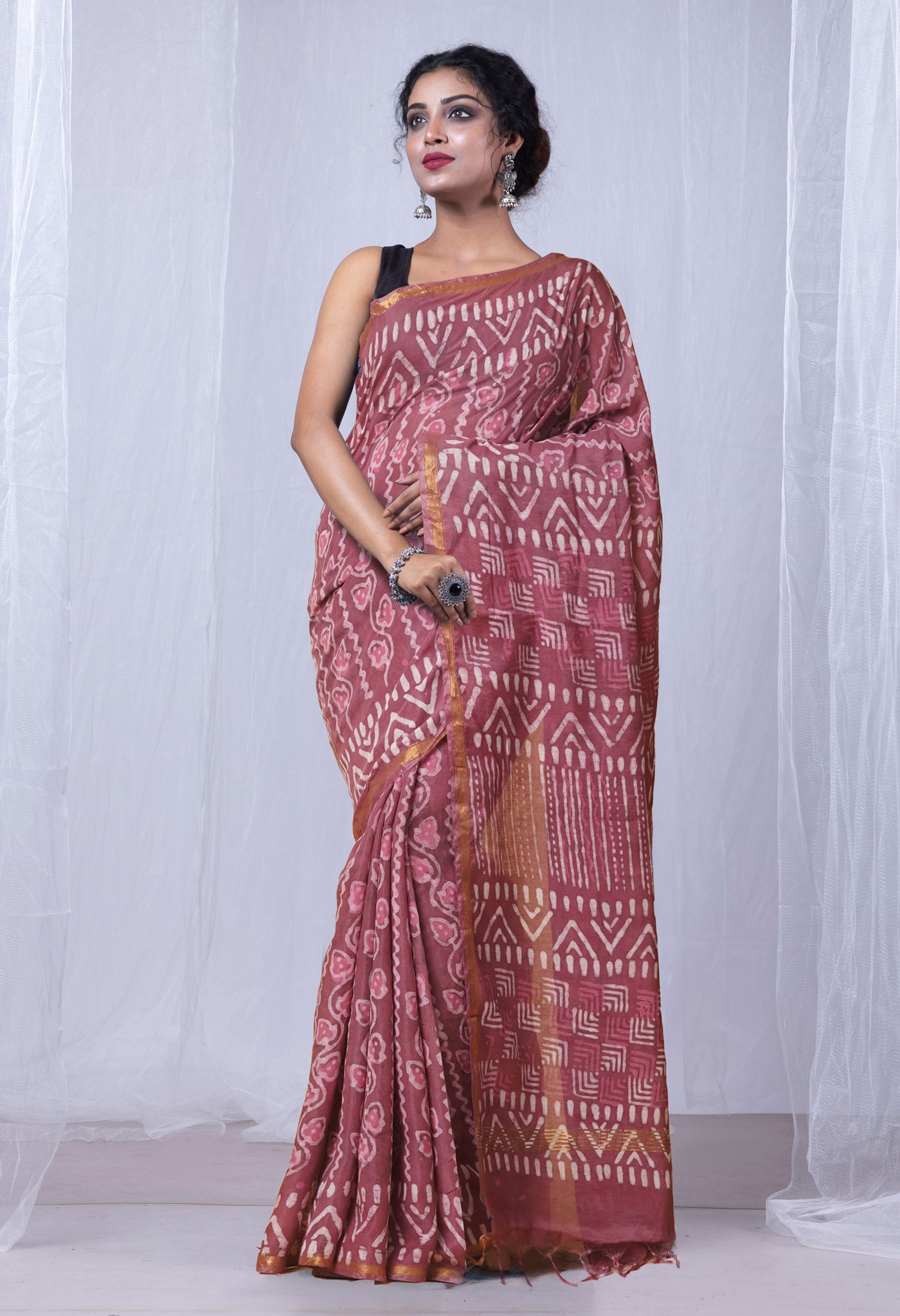 Red Pure Pashmina Dabu Printed Chanderi Sico Saree-UNM79148