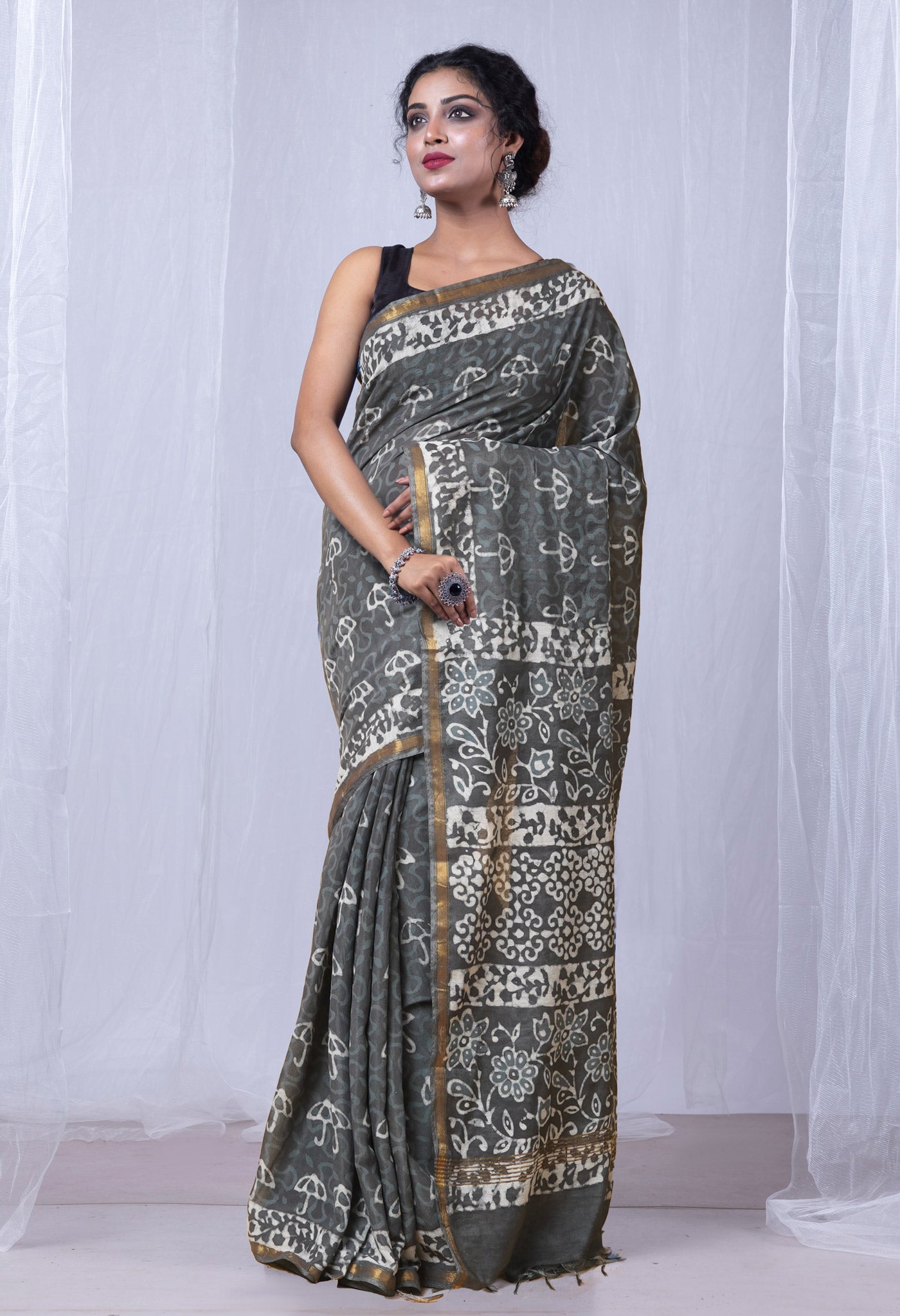 Grey Pure Pashmina Dabu Printed Chanderi Sico Saree-UNM79149