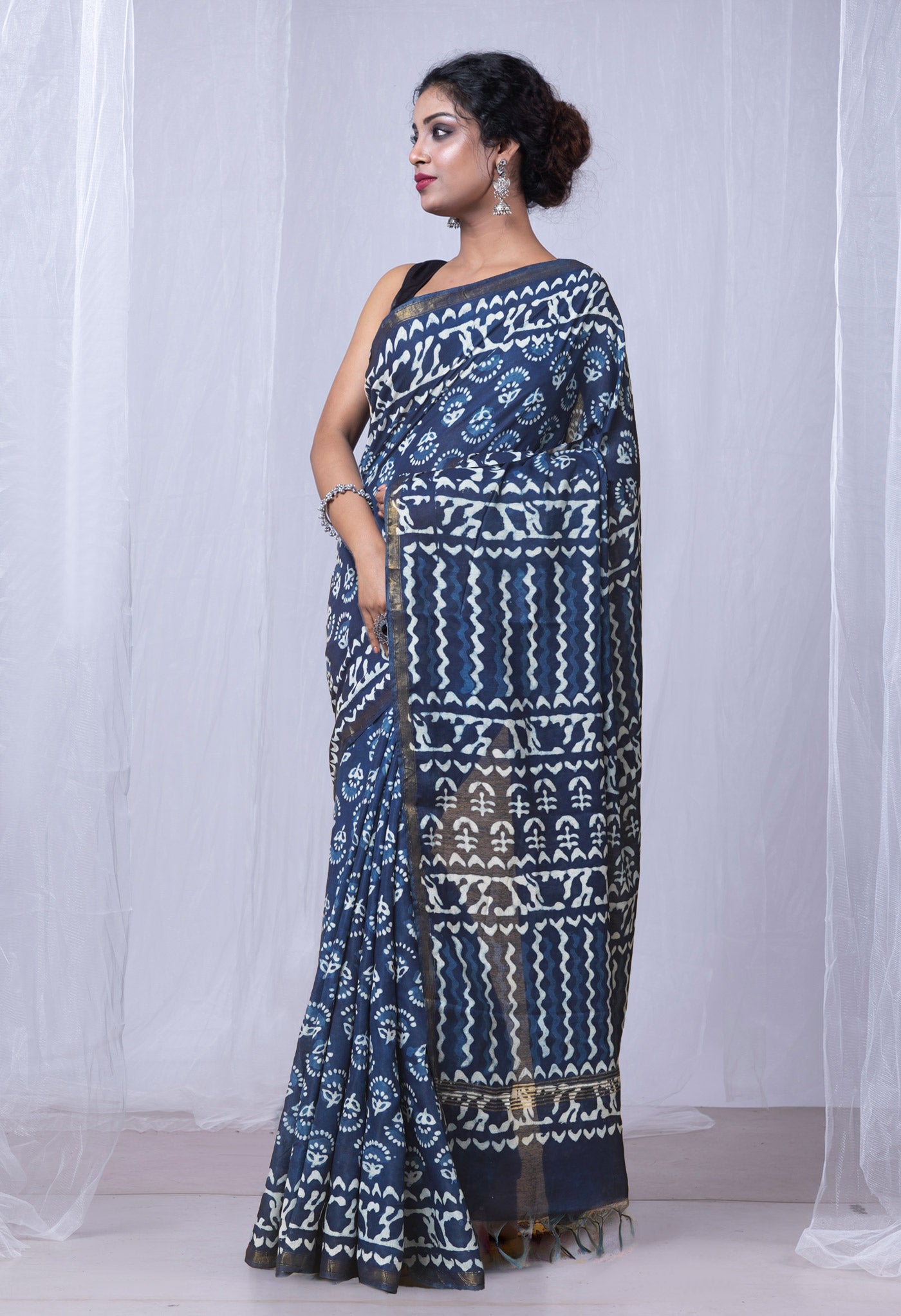 Blue Pure Pashmina Dabu Printed Chanderi Sico Saree