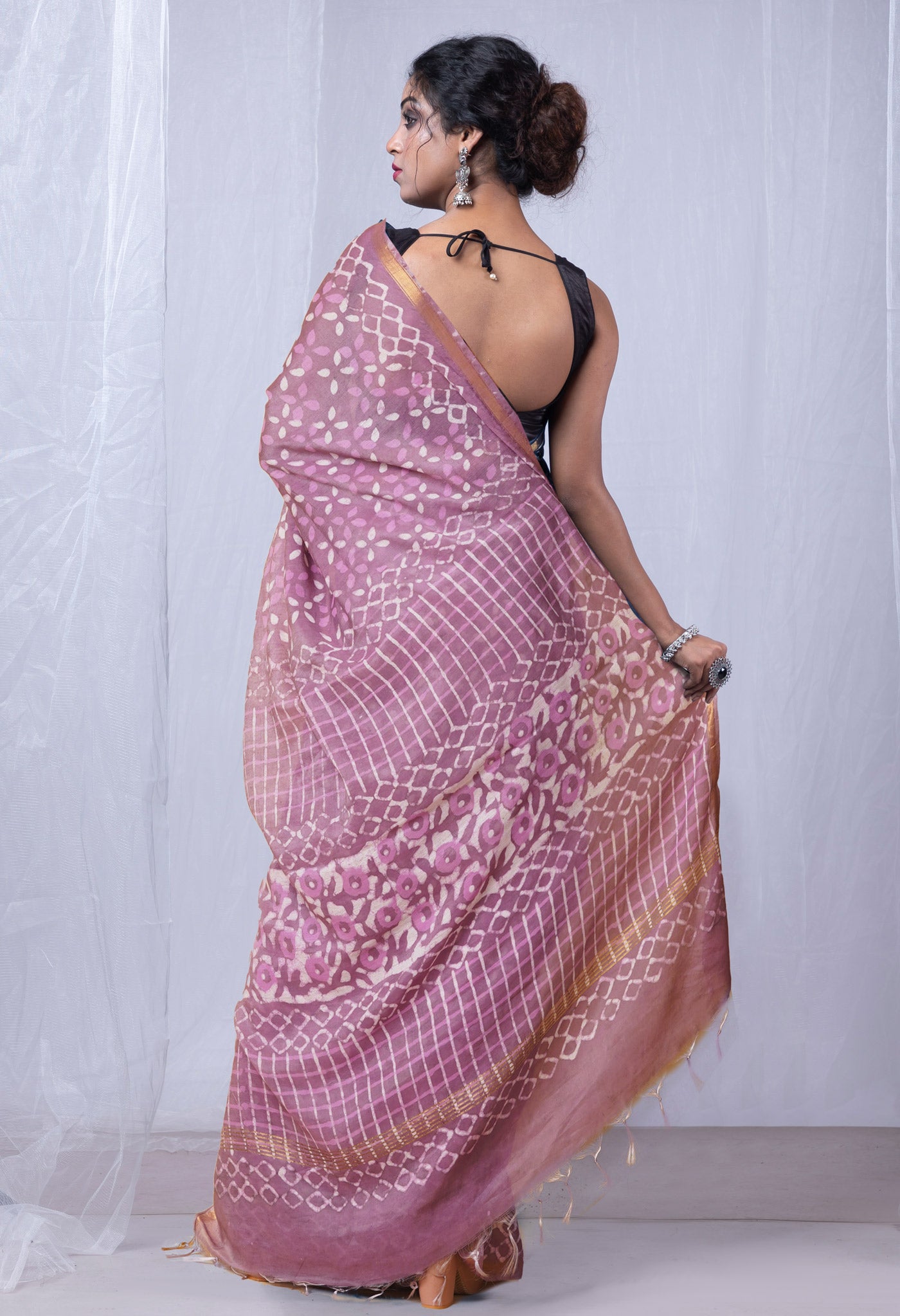 Pink Pure Pashmina Dabu Printed Chanderi Sico Saree