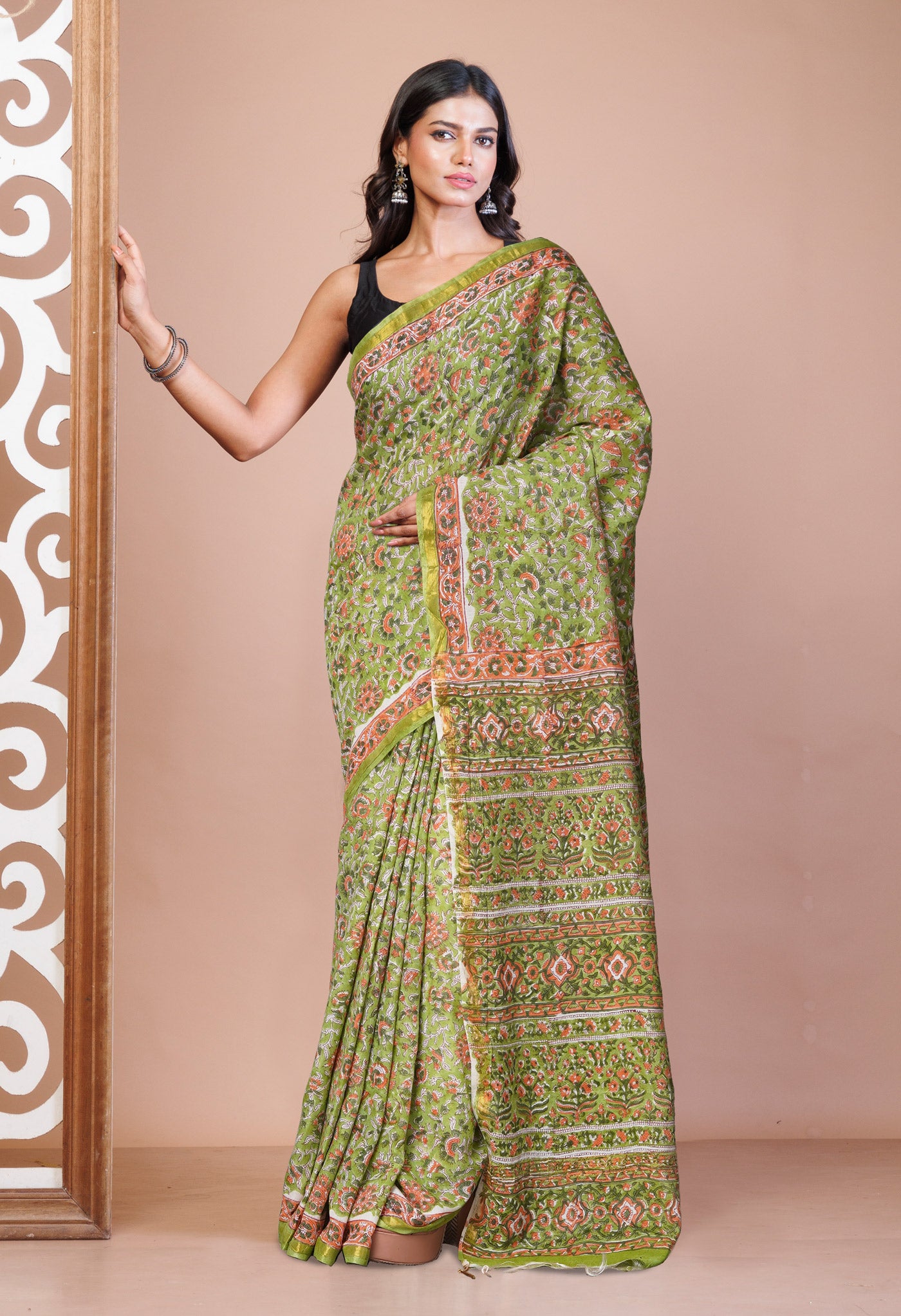 Green Pure Pashmina Block Printed Chanderi Soft Silk Saree-UNM79157