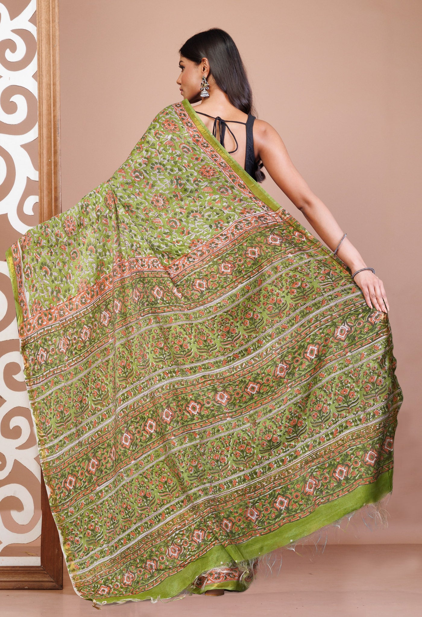 Green Pure Pashmina Block Printed Chanderi Soft Silk Saree-UNM79157