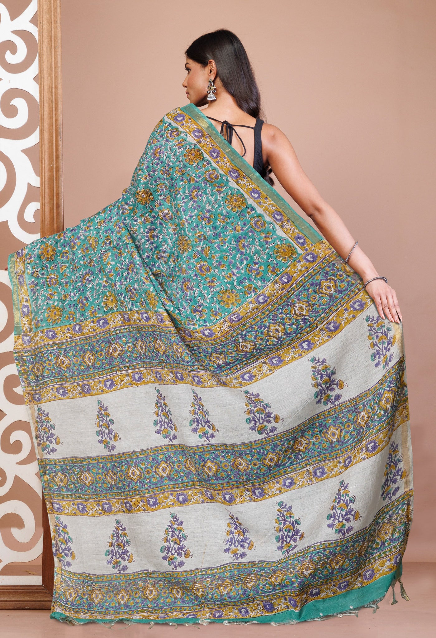 Green Pure Pashmina Block Printed Chanderi Soft Silk Saree-UNM79158