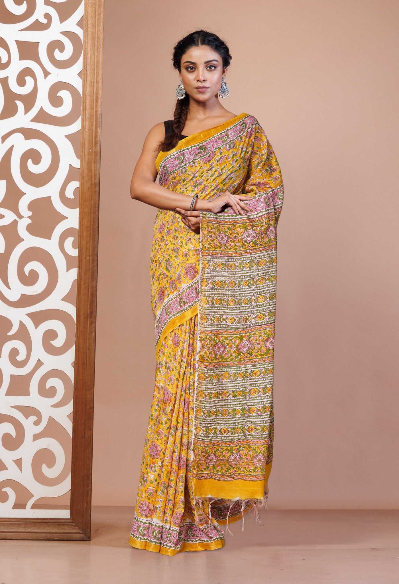 Yellow Pure Pashmina Block Printed Chanderi Soft Silk Saree-UNM79159