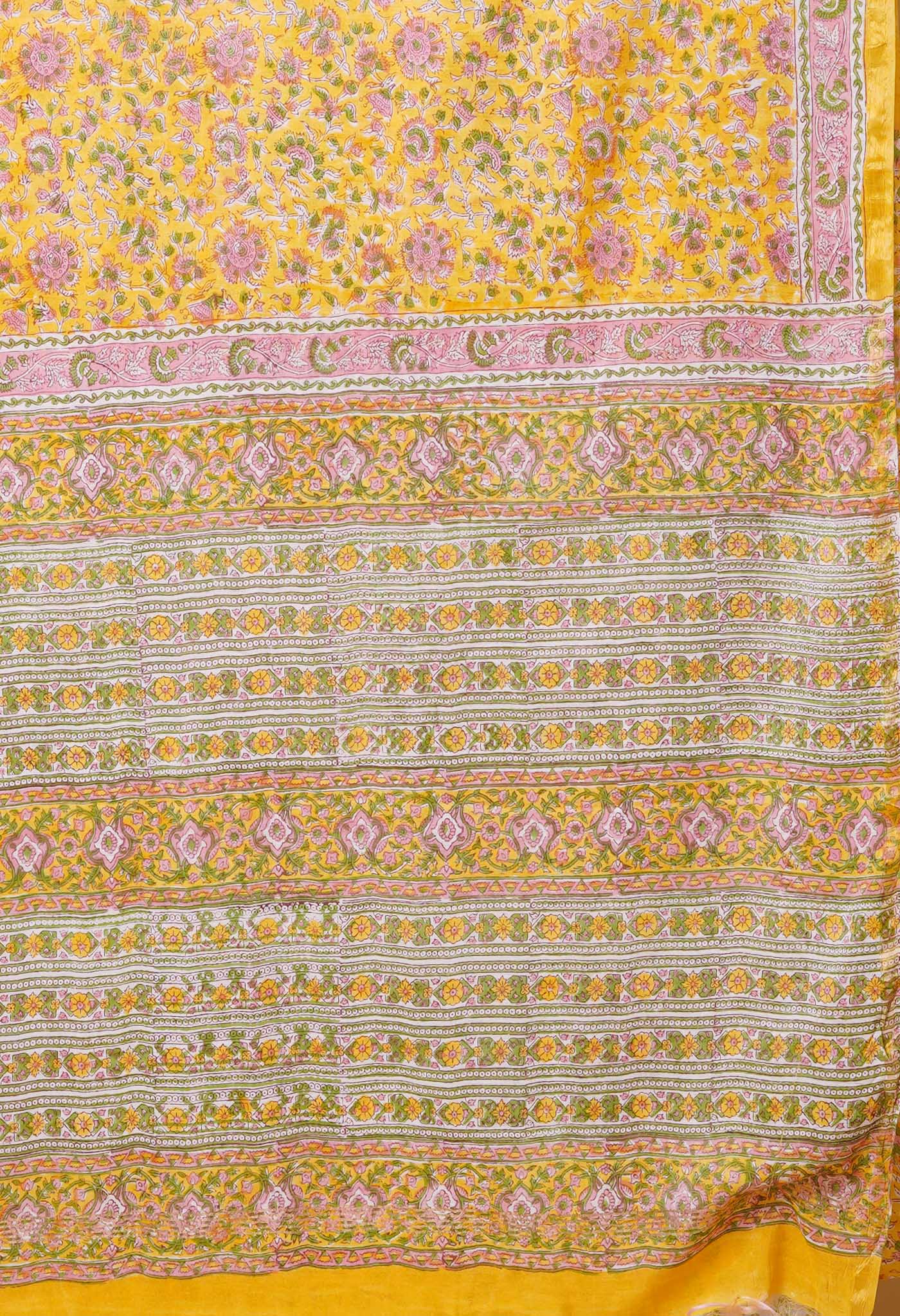 Yellow Pure Pashmina Block Printed Chanderi Soft Silk Saree-UNM79159