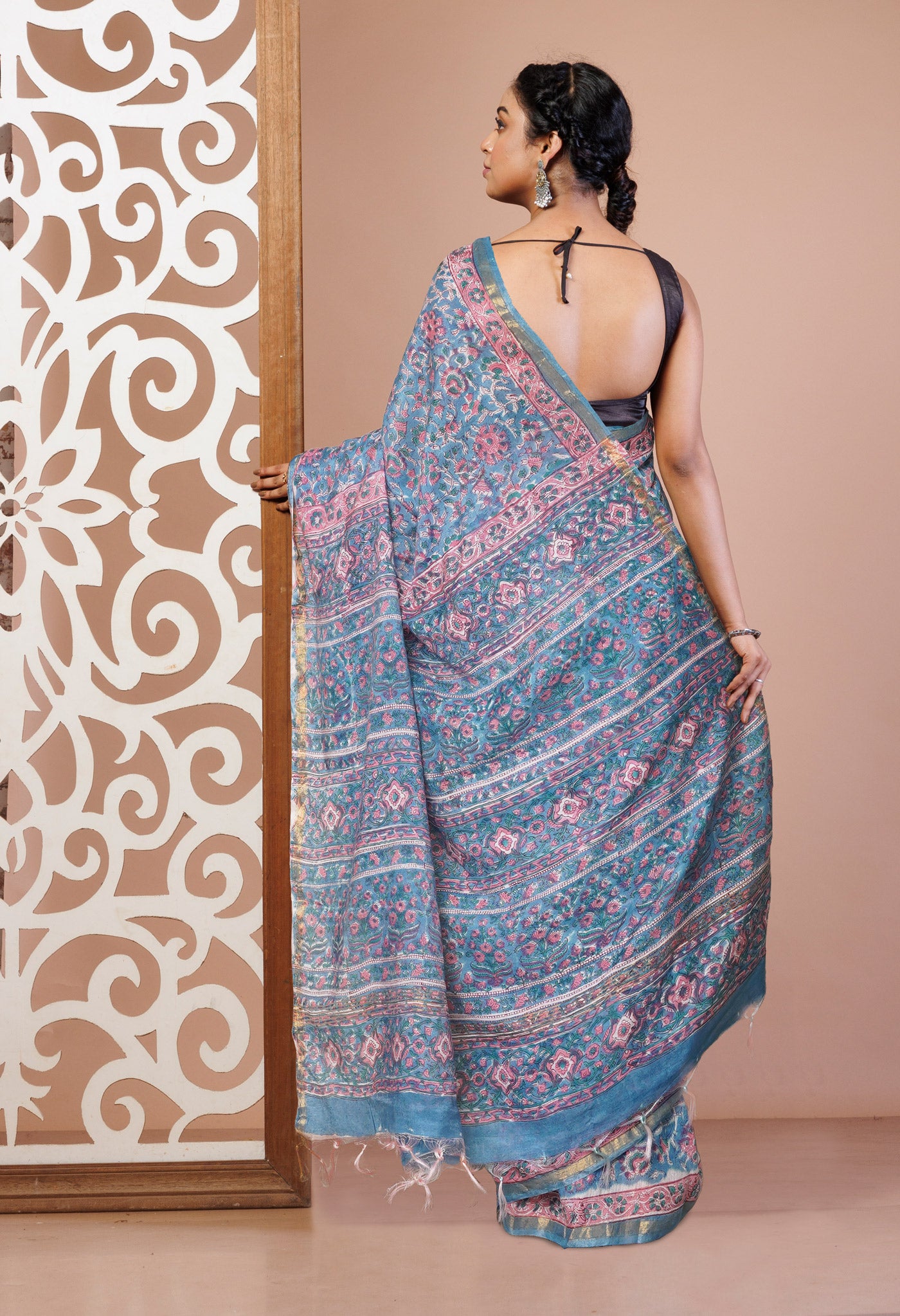 Blue Pure Pashmina Block Printed Chanderi Soft Silk Saree-UNM79160