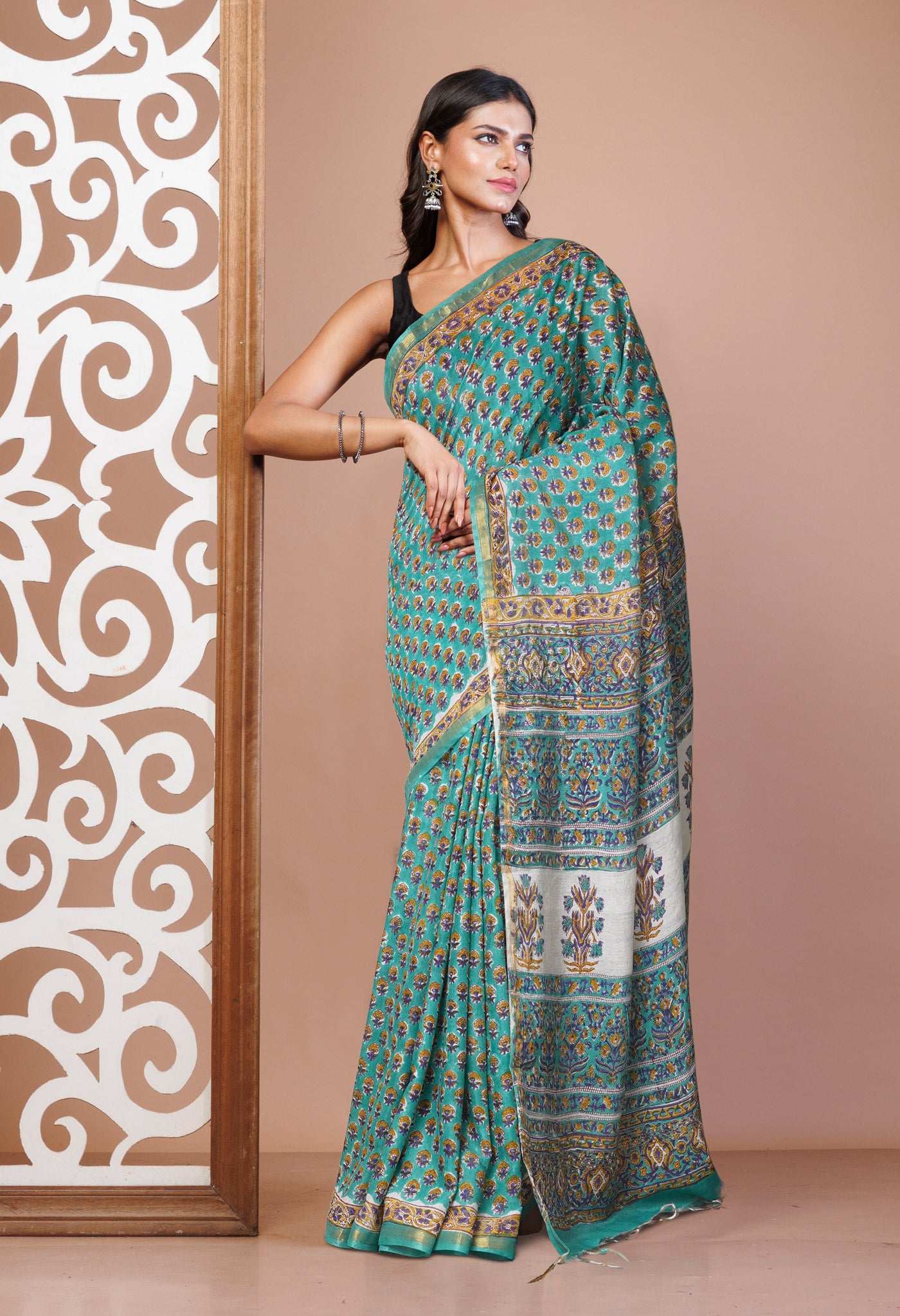 Green Pure Pashmina Block Printed Chanderi Soft Silk Saree-UNM79161