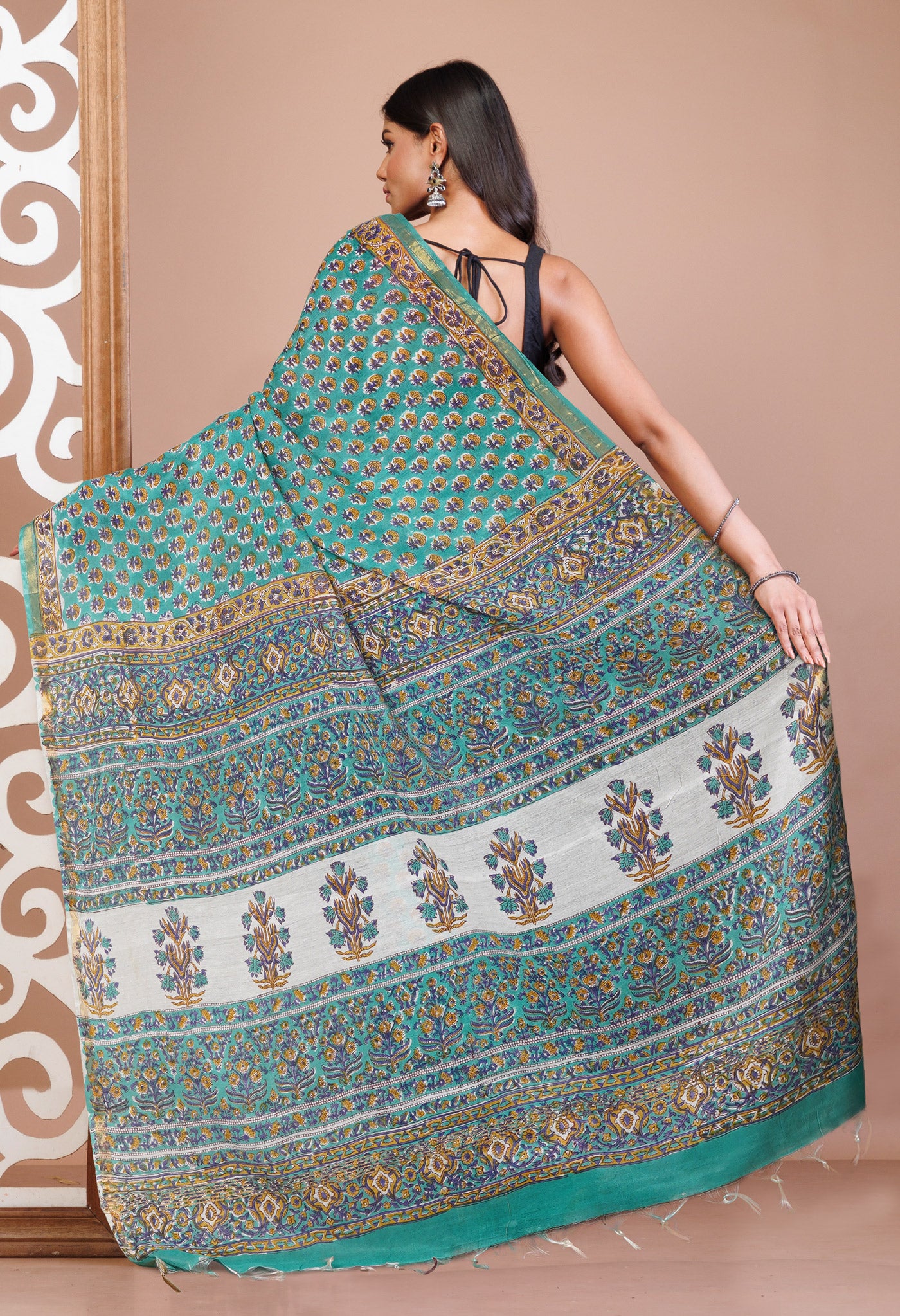 Green Pure Pashmina Block Printed Chanderi Soft Silk Saree-UNM79161