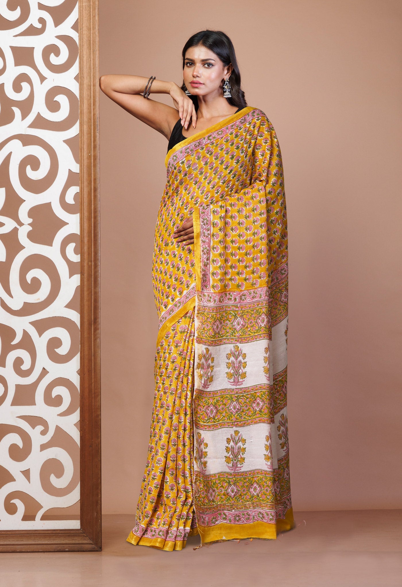 Yellow Pure Pashmina Block Printed Chanderi Soft Silk Saree-UNM79162