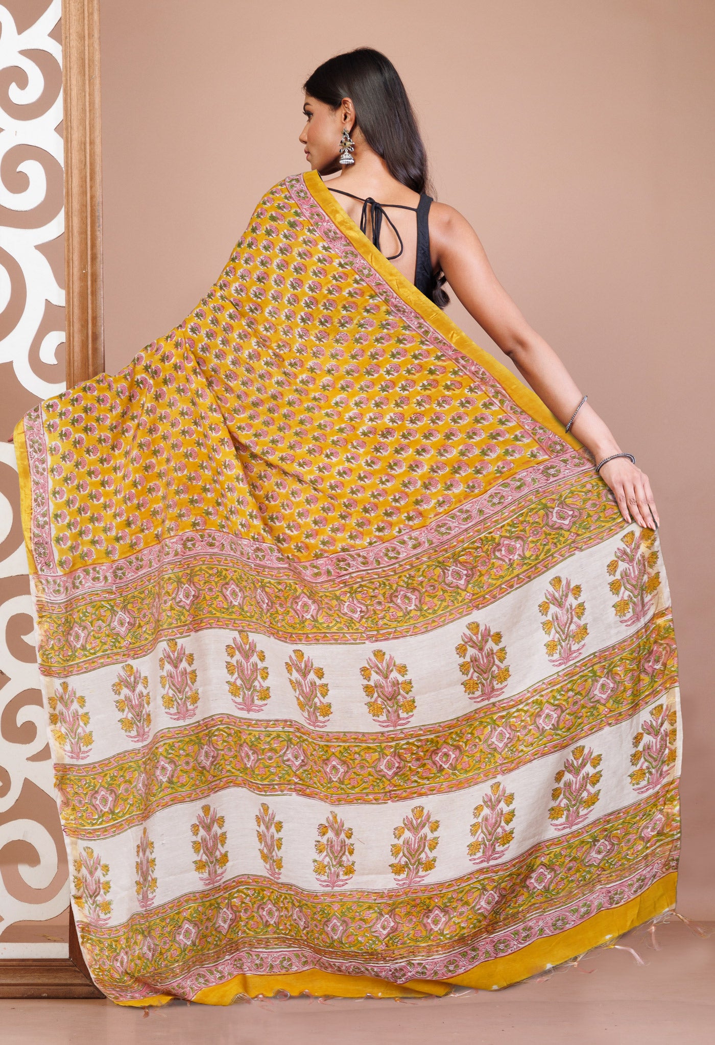 Yellow Pure Pashmina Block Printed Chanderi Soft Silk Saree-UNM79162