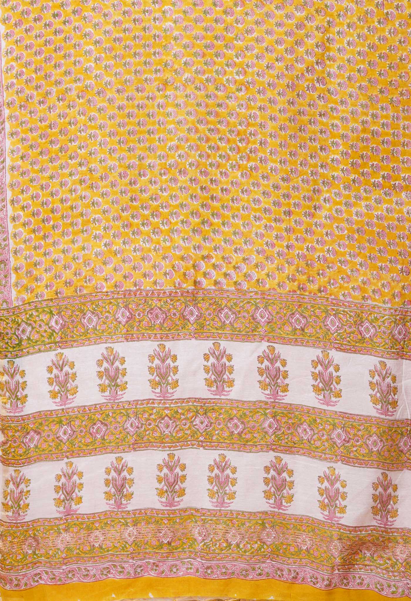 Yellow Pure Pashmina Block Printed Chanderi Soft Silk Saree-UNM79162