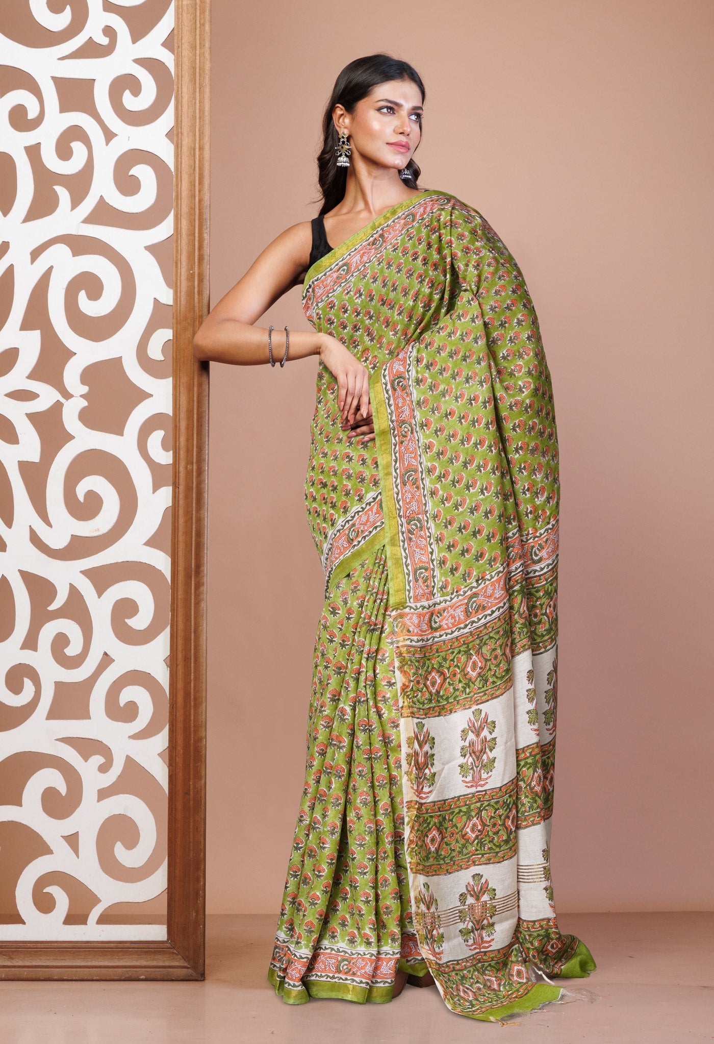 Green Pure Pashmina Block Printed Chanderi Soft Silk Saree-UNM79163