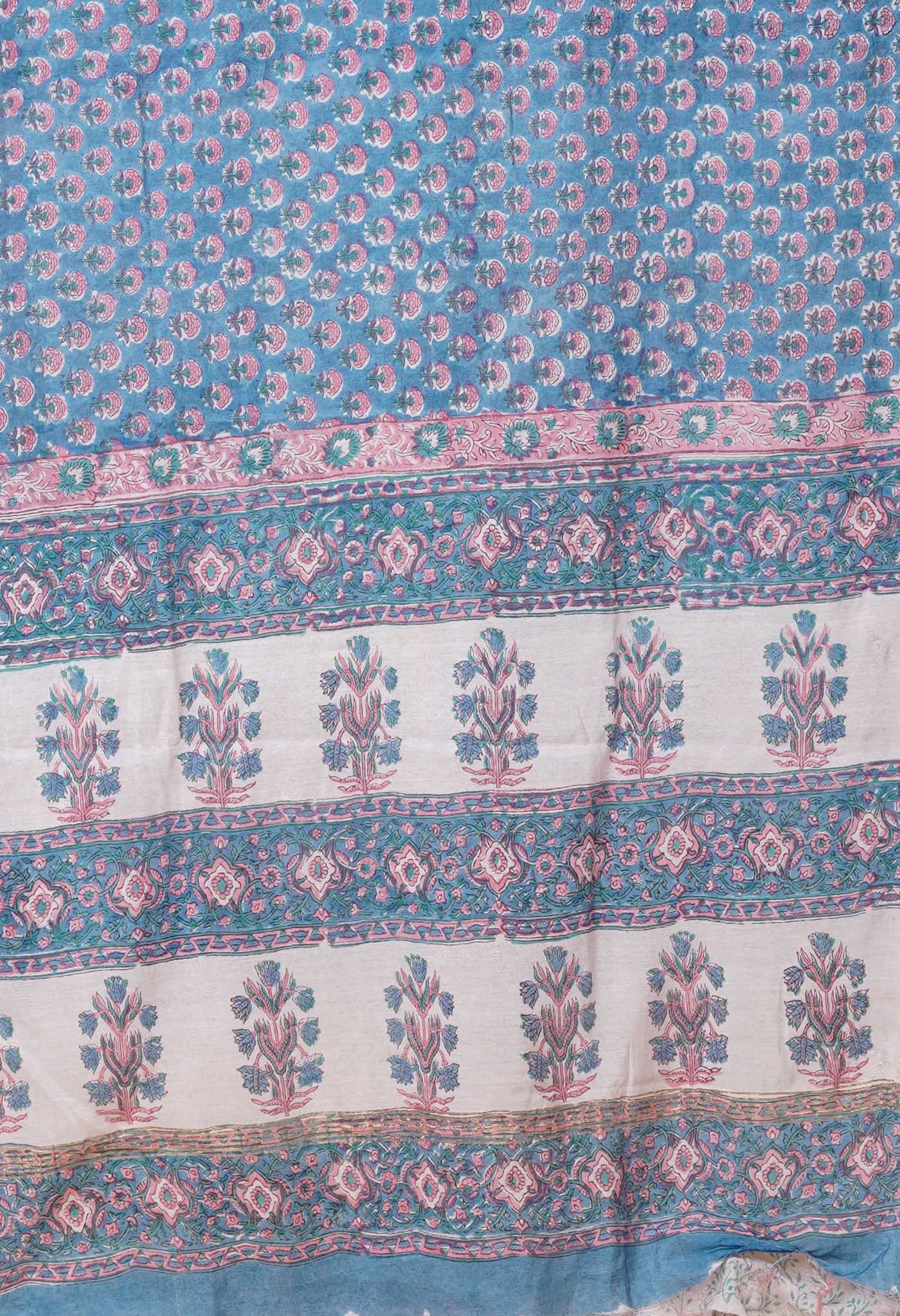 Blue Pure Pashmina Block Printed Chanderi Soft Silk Saree