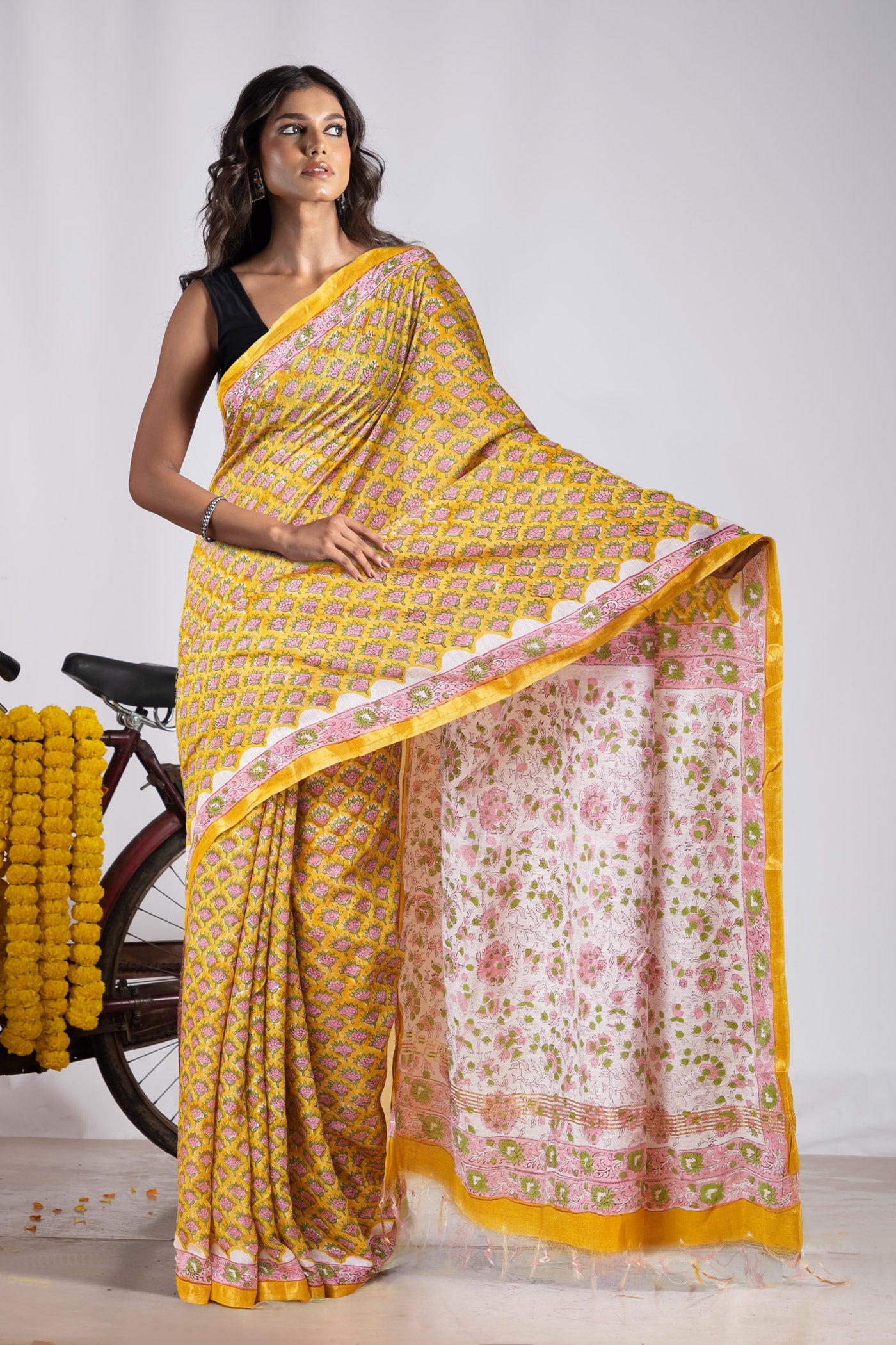 Yellow Pure Pashmina Block Printed Chanderi Soft Silk Saree