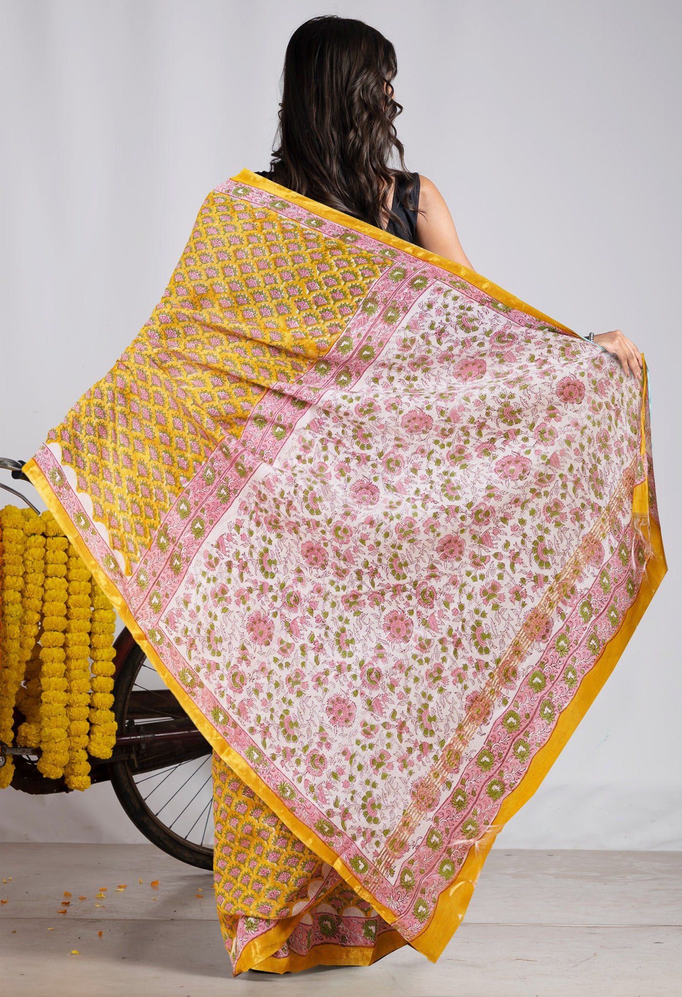 Yellow Pure Pashmina Block Printed Chanderi Soft Silk Saree