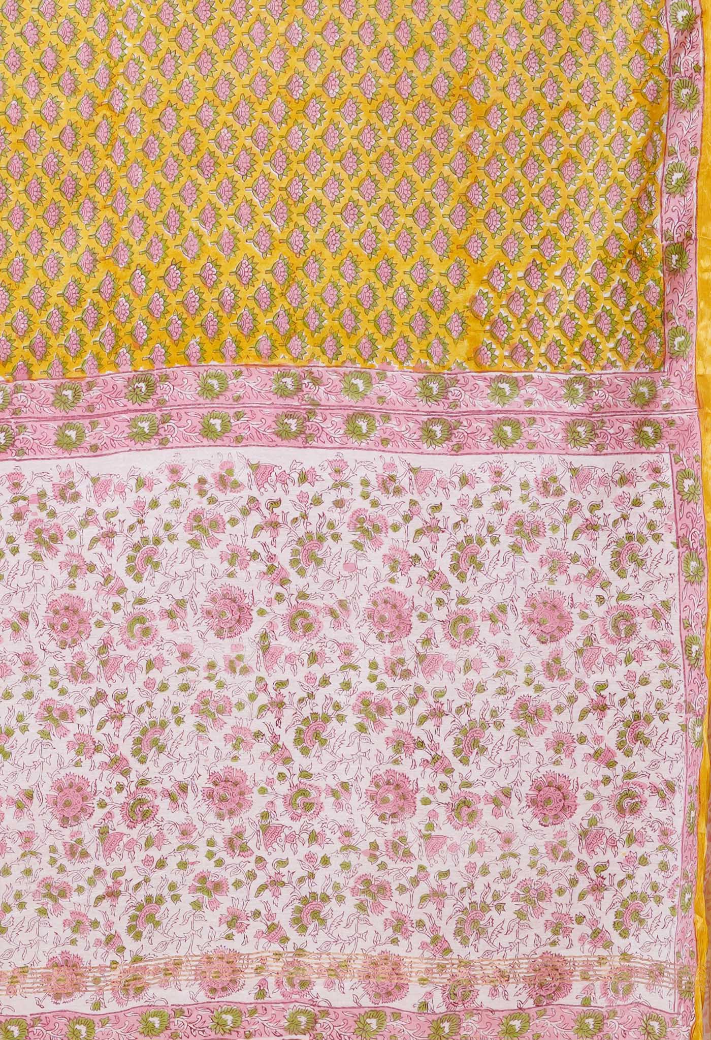 Yellow Pure Pashmina Block Printed Chanderi Soft Silk Saree-UNM79166