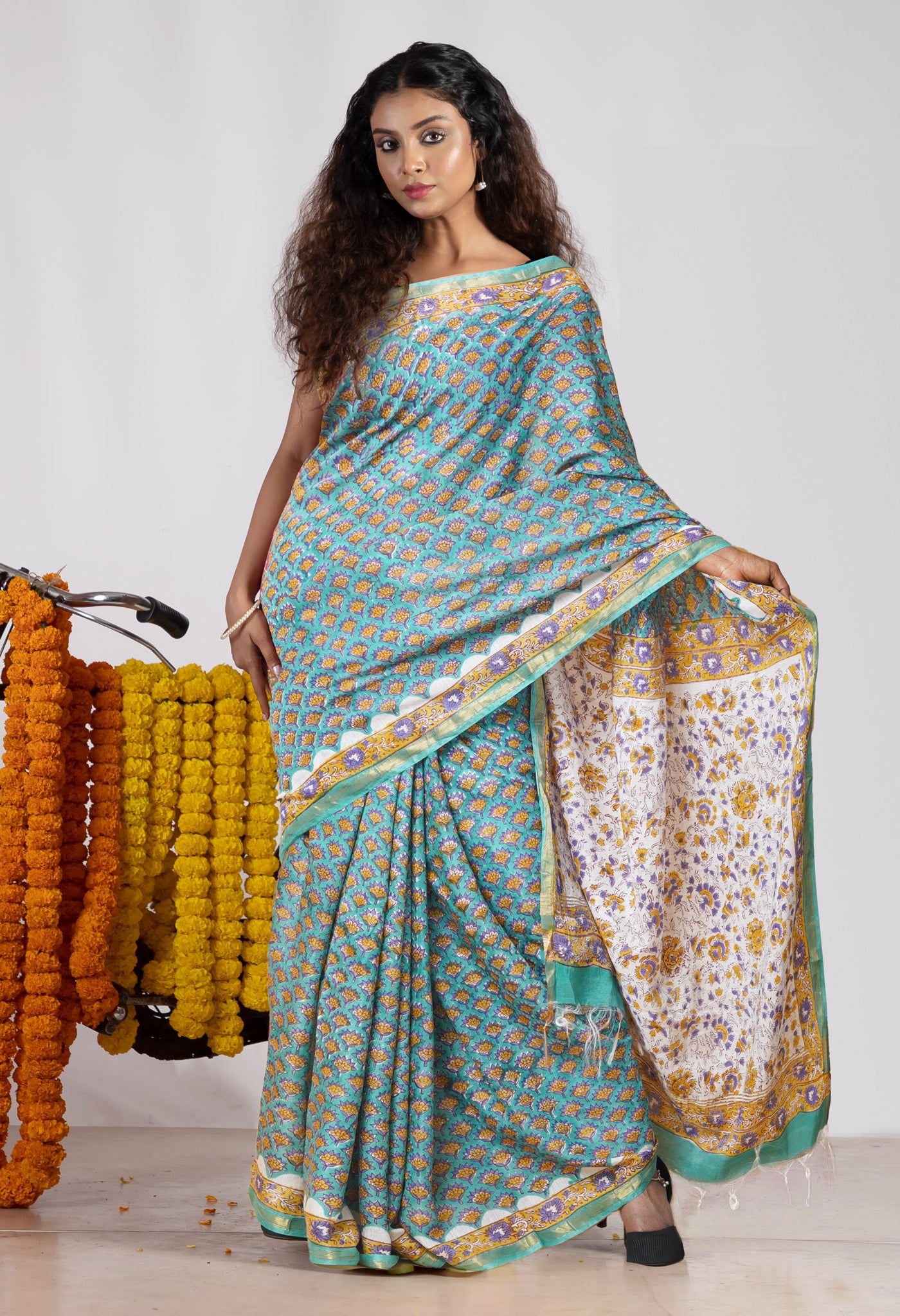 Green Pure Pashmina Block Printed Chanderi Soft Silk Saree