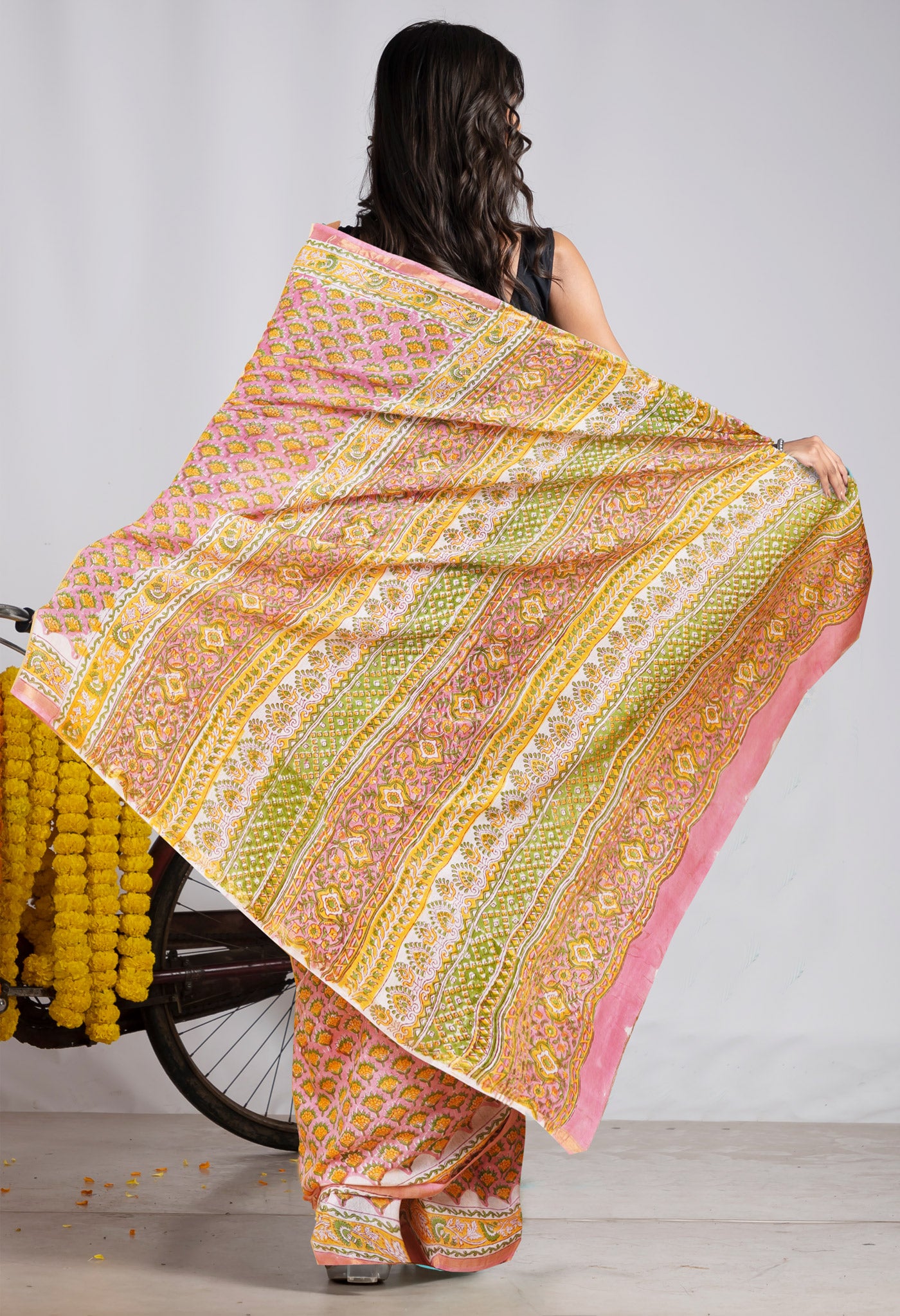 Pink Pure Pashmina Block Printed Chanderi Soft Silk Saree