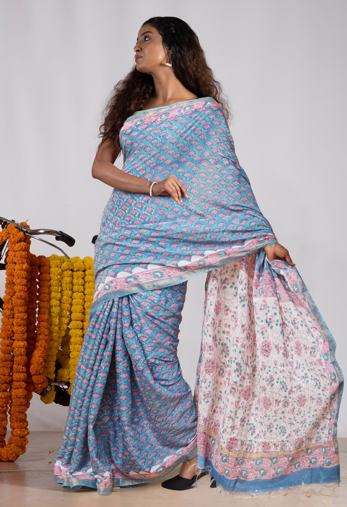 Blue Pure Pashmina Block Printed Chanderi Soft Silk Saree-UNM79169