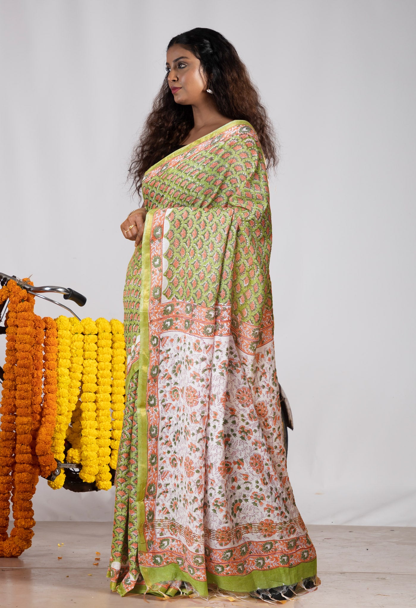 Green Pure Pashmina Block Printed Chanderi Soft Silk Saree