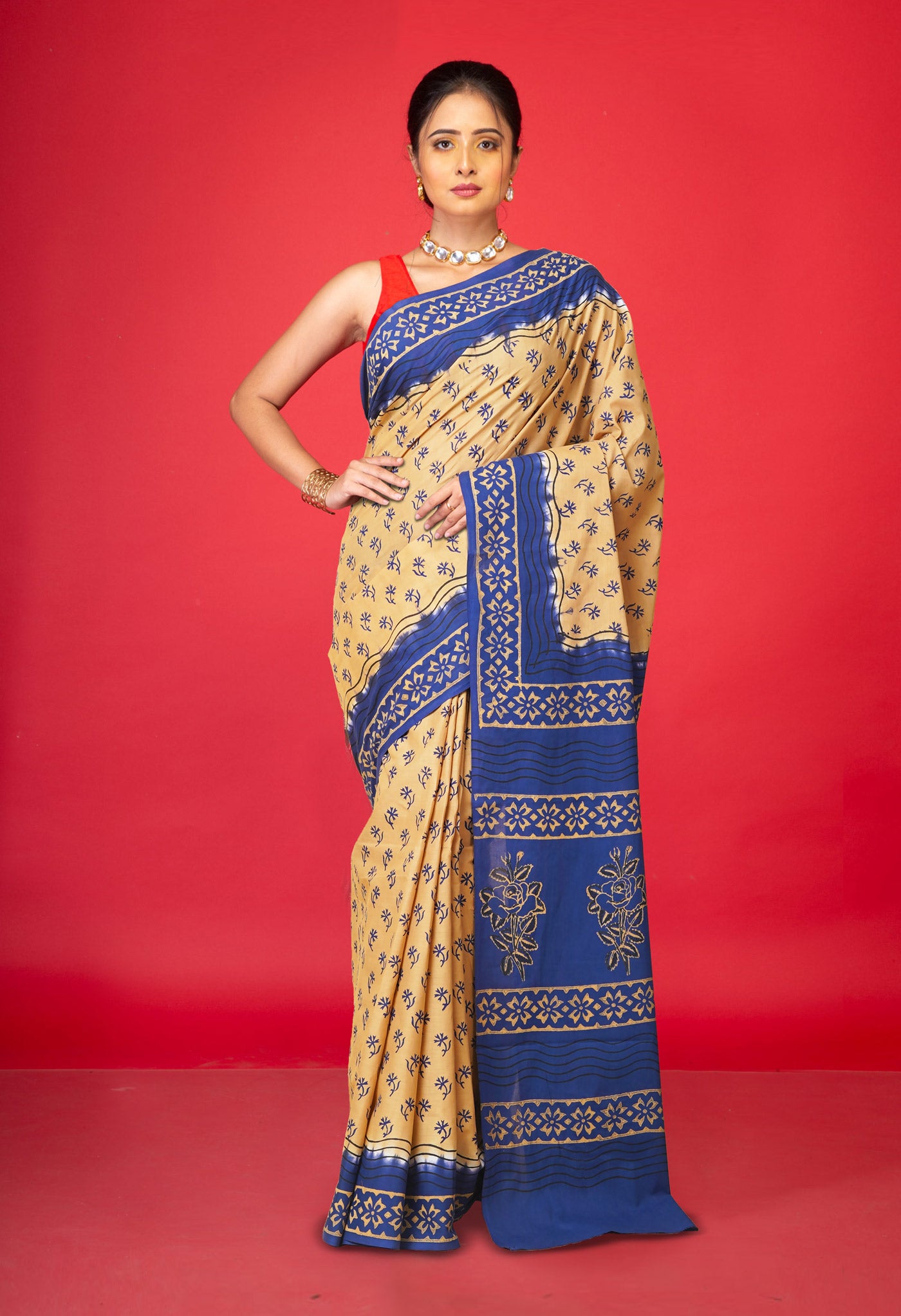 Brown Pure Hand Block Printed Soft Cotton Saree-UNM79186