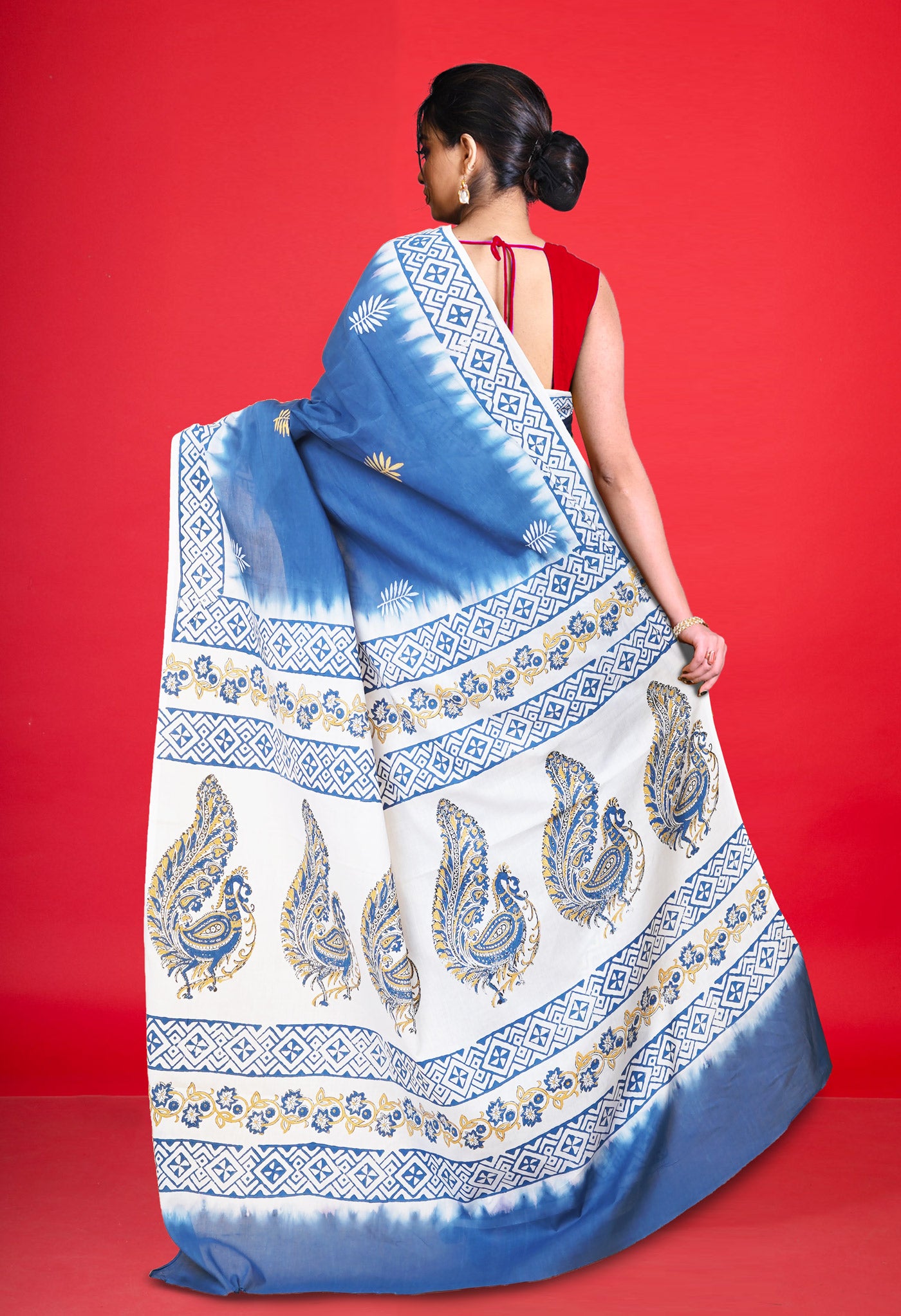 Blue Pure Hand Block Printed Soft Cotton Saree