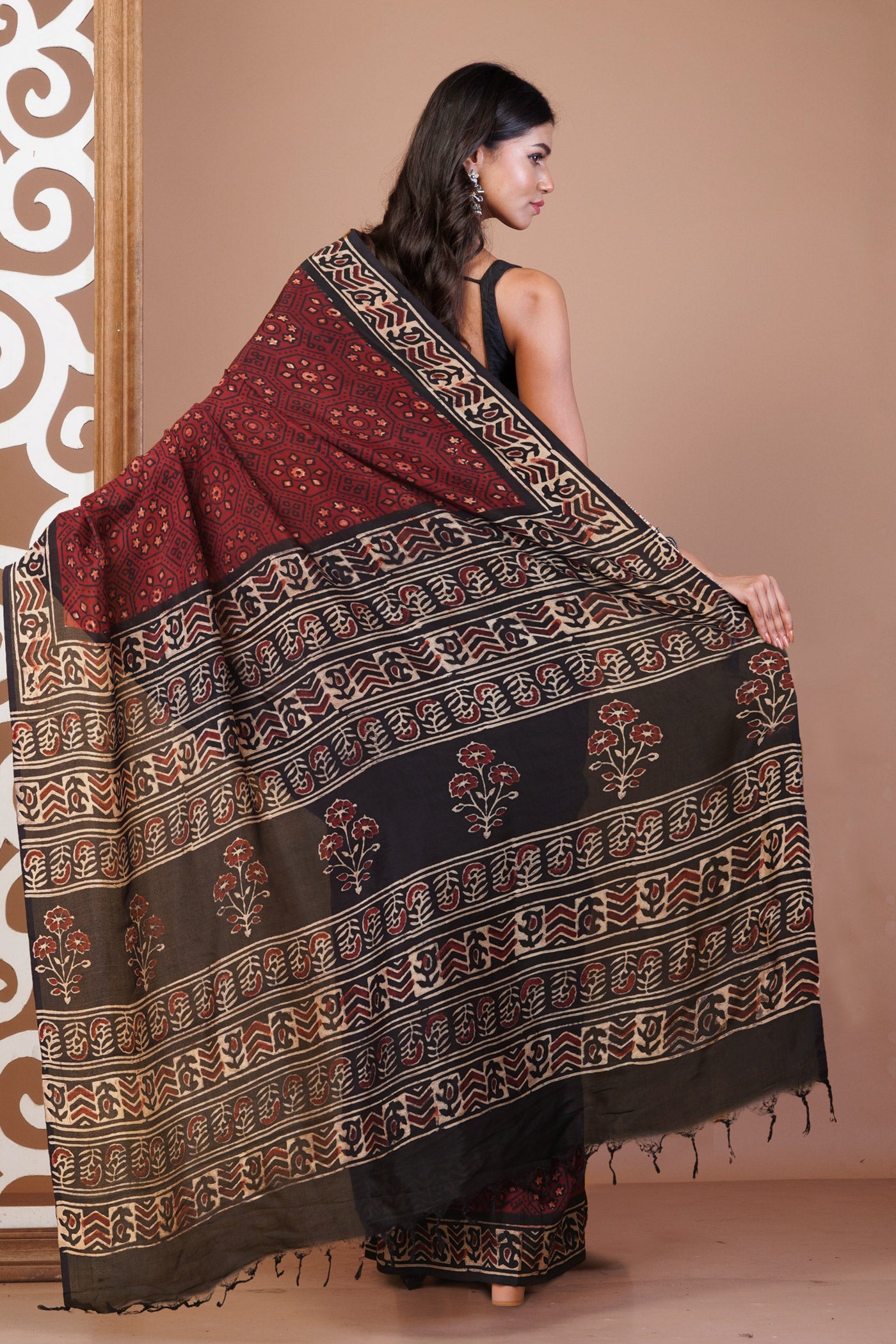 Red Pure Ajrakh Printed Soft Silk Saree