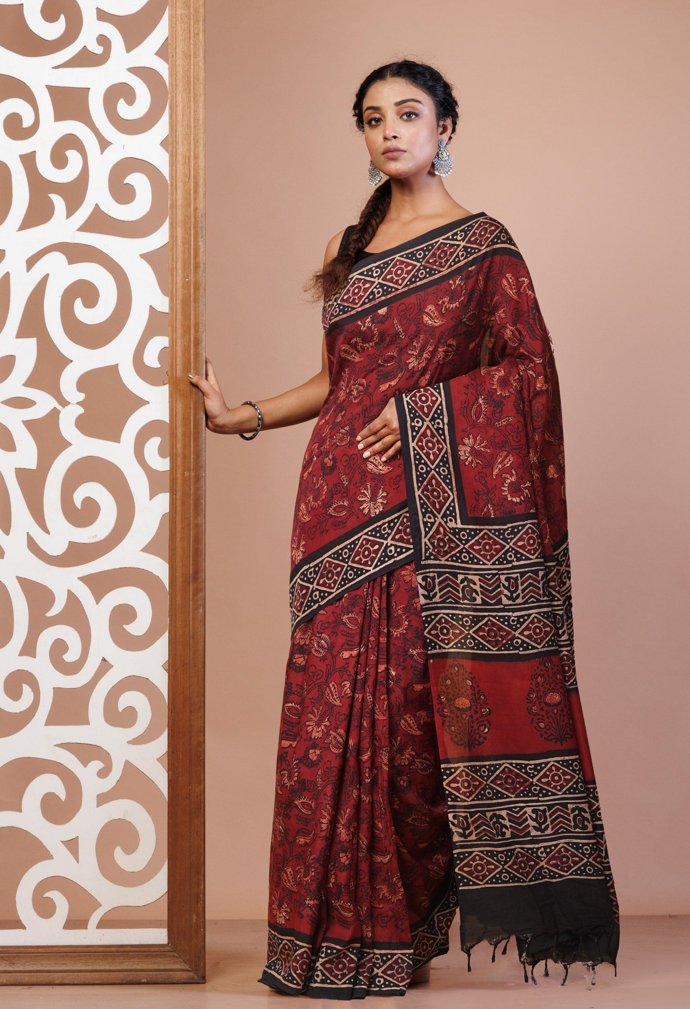 Red Pure Ajrakh Printed Soft Silk Saree-UNM79199