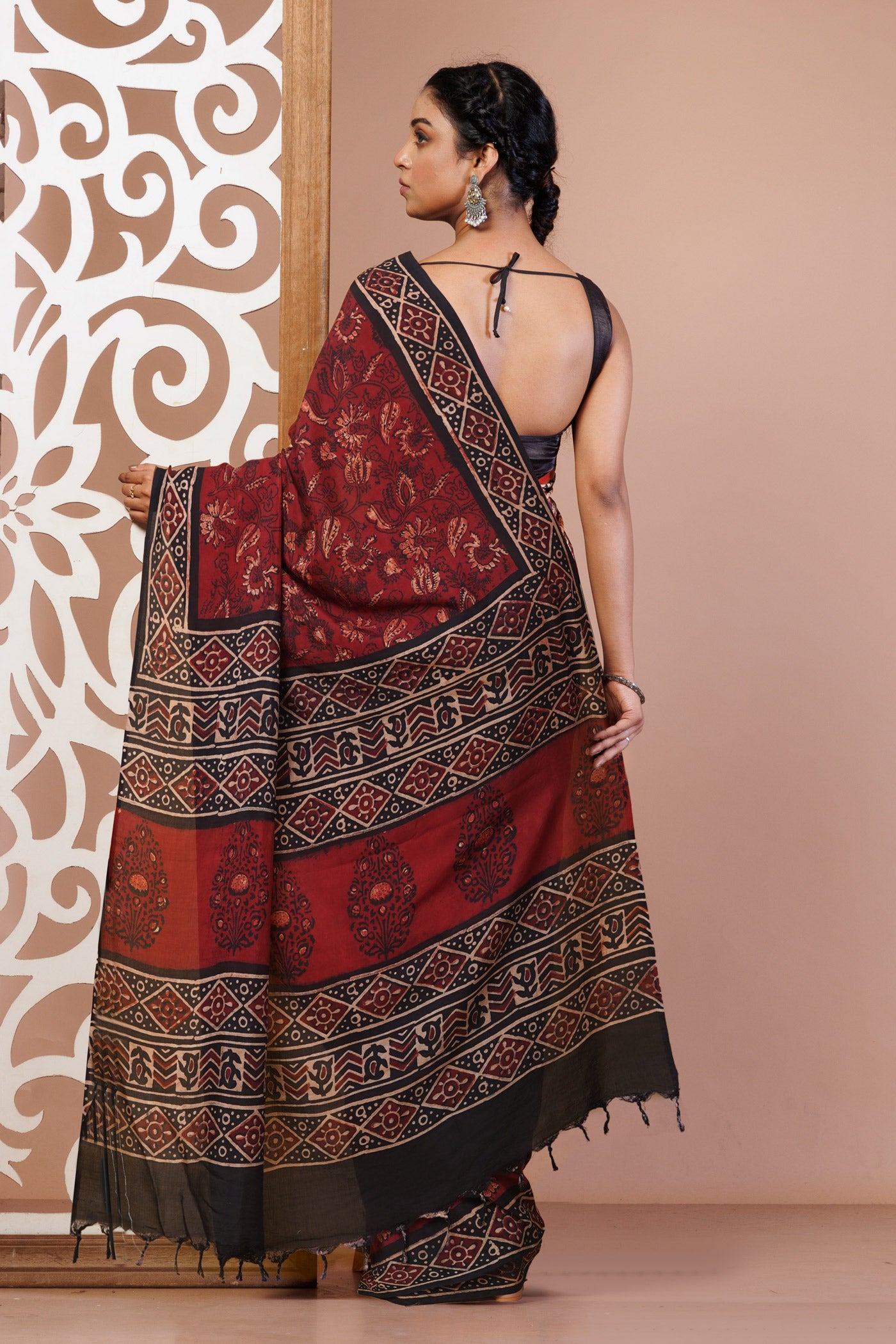 Red Pure Ajrakh Printed Soft Silk Saree-UNM79199