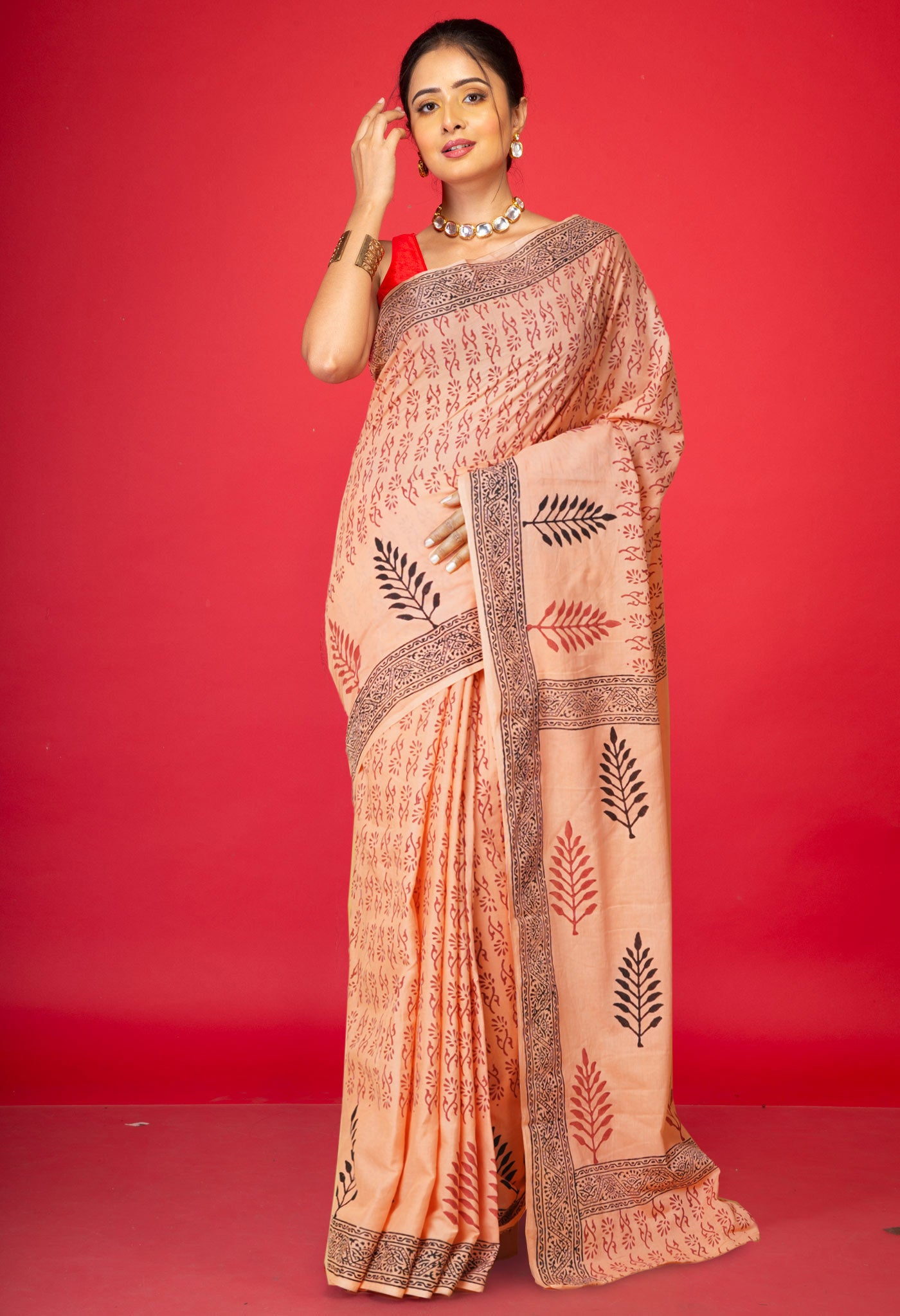 Orange Pure Hand Block Printed Soft Cotton Saree-UNM79204