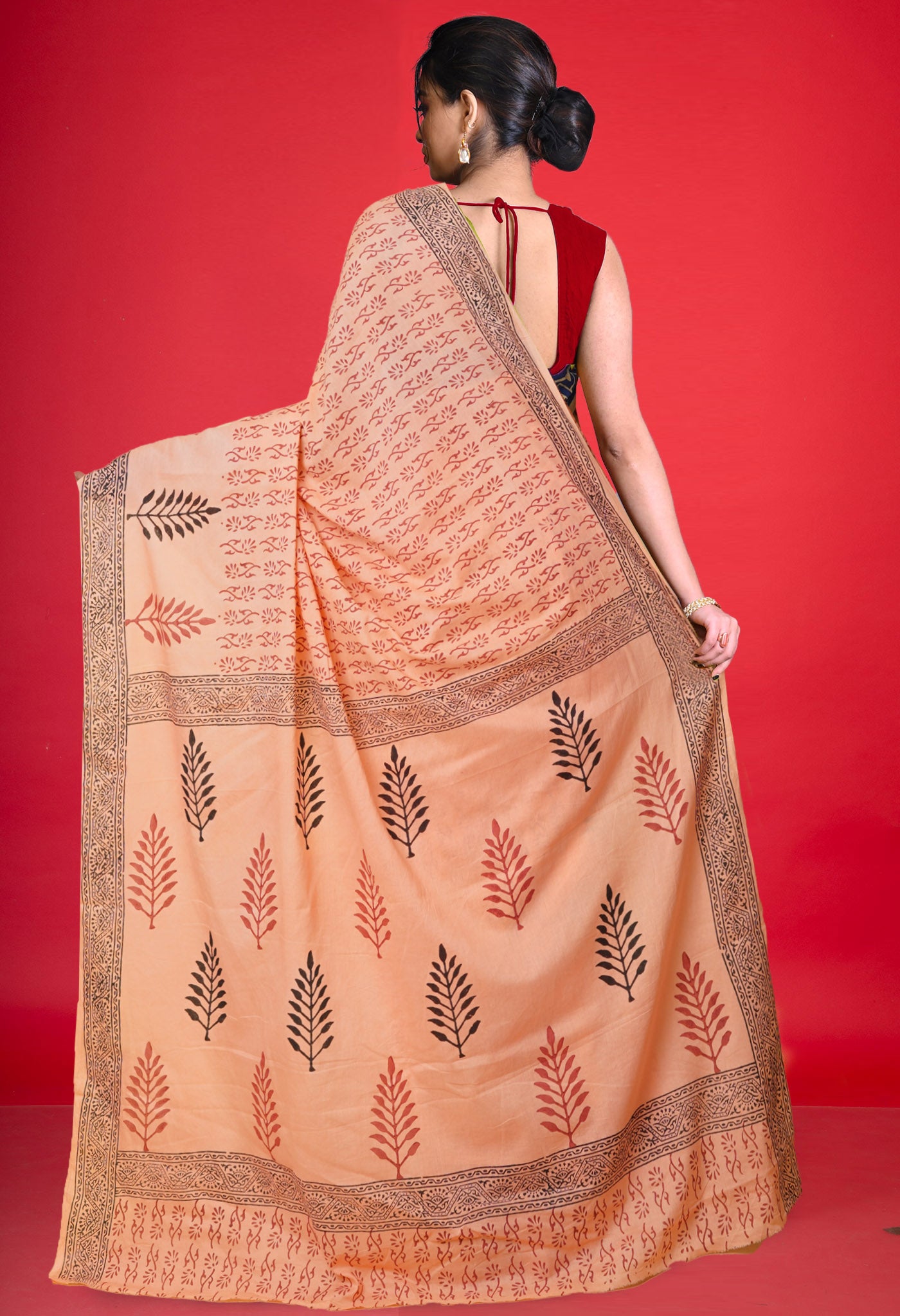 Orange Pure Hand Block Printed Soft Cotton Saree-UNM79204